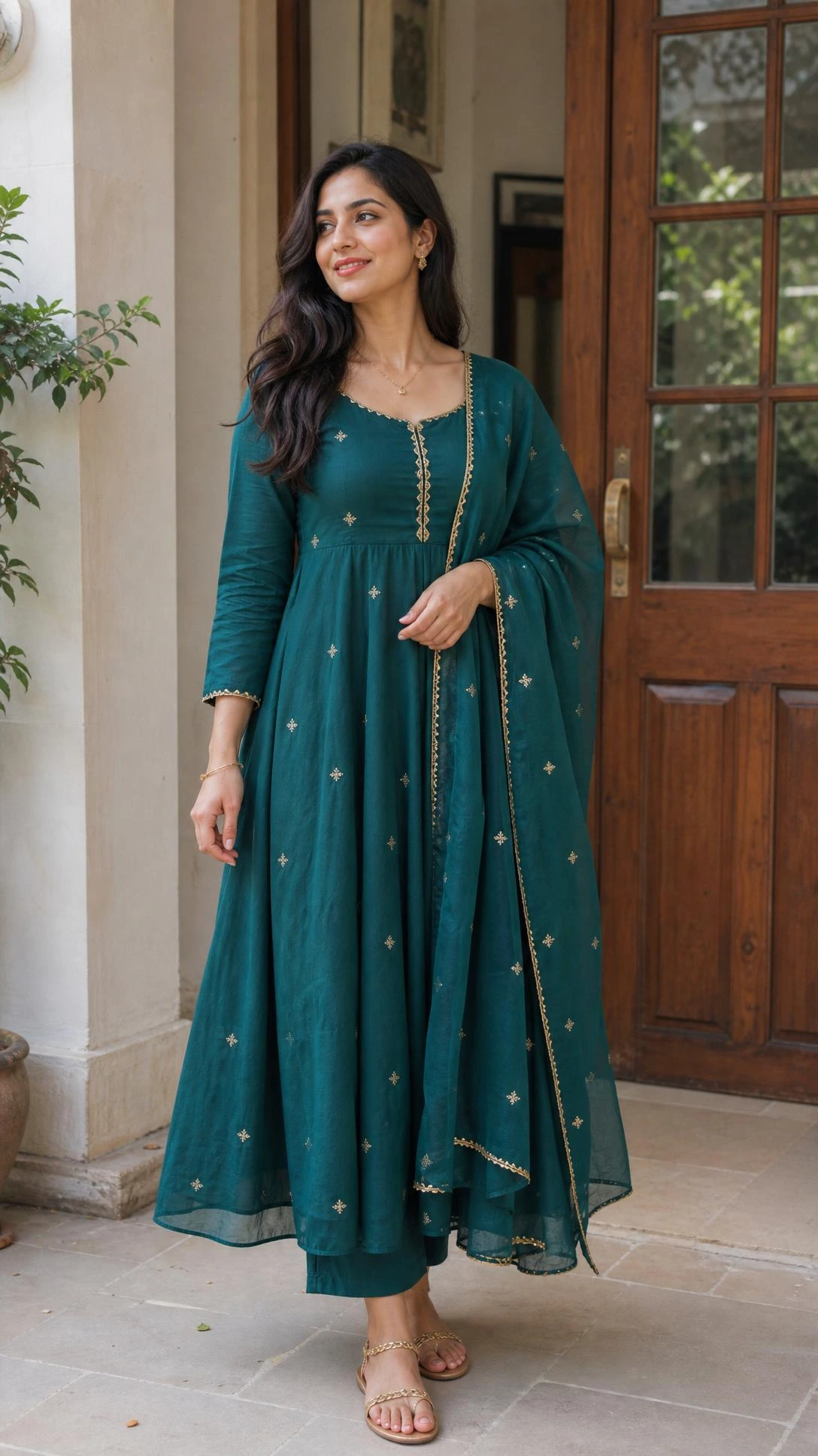 Pear shape outfit idea featuring a woman in a flowing full-length Anarkali set with simple jewelry, balancing curves in a warm entryway.