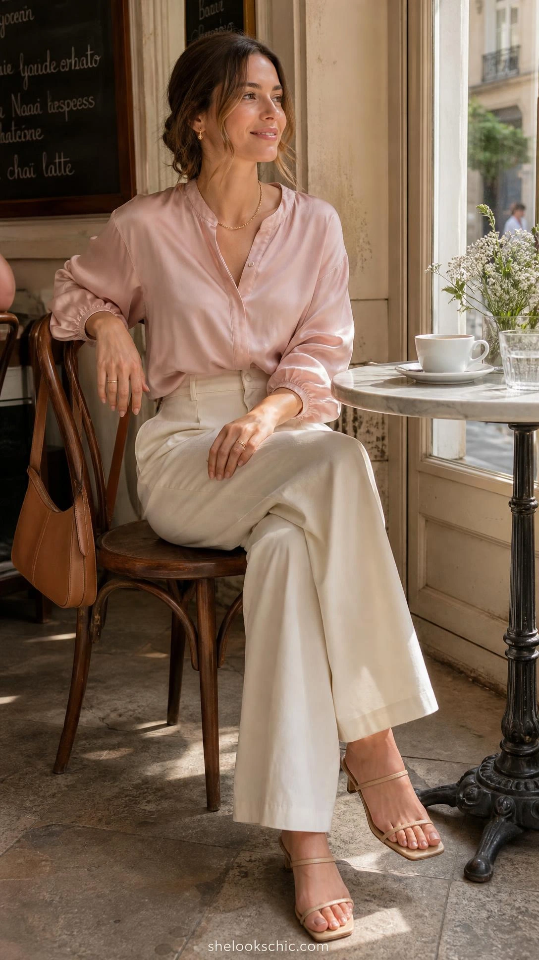 Woman in baby pink blouse with billowy sleeves tucked into wide-leg cream trousers, seated at a sunlit café window — an effortlessly polished soft feminine outfit