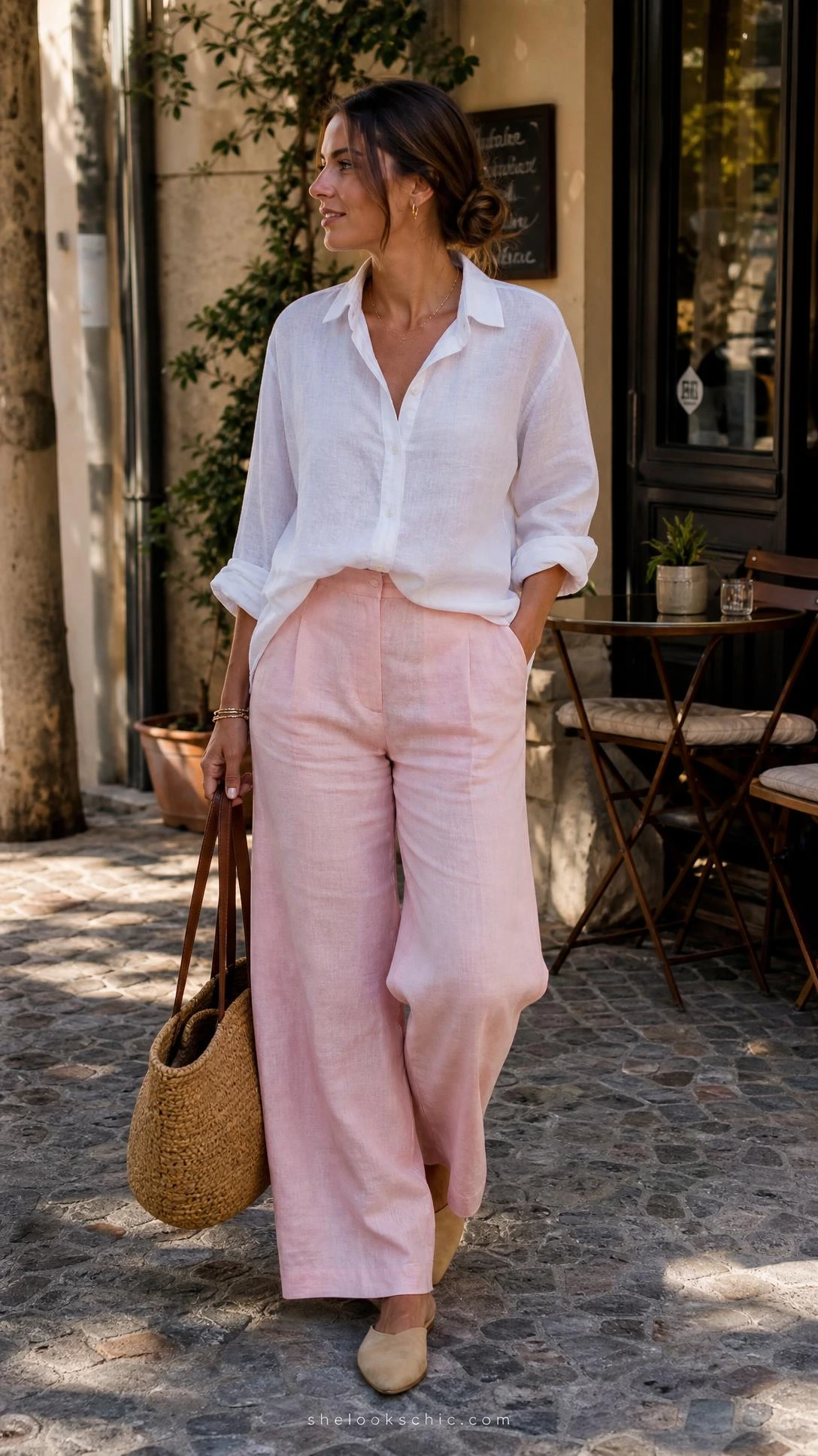 Woman in wide-leg baby pink linen trousers paired with a crisp white linen shirt, front-tucked with rolled sleeves, styled for an effortless warm-weather look