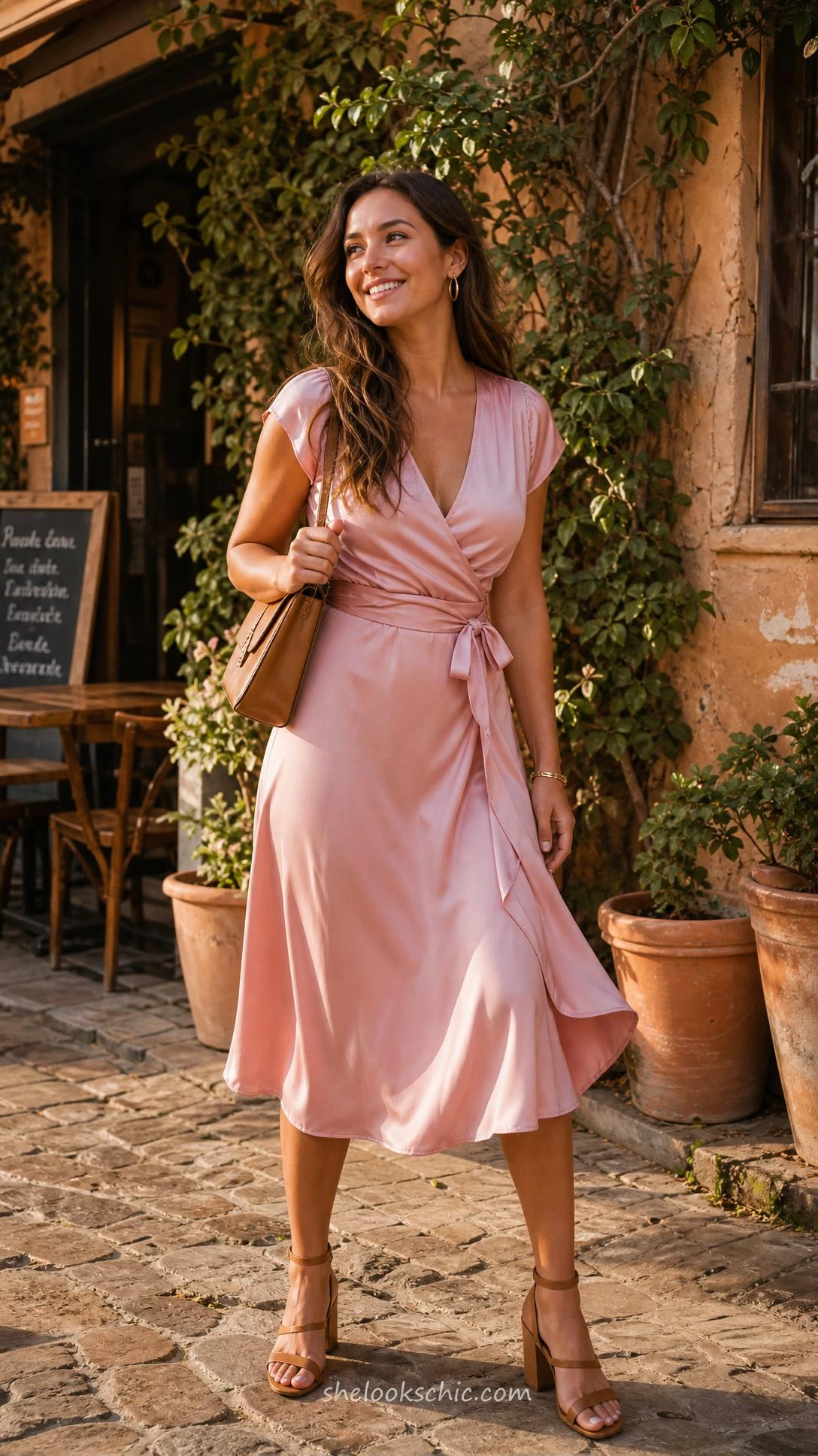 Woman wearing a baby pink satin wrap dress with V-neckline and tied waist sash, styled with tan block-heeled sandals and a structured tan leather shoulder bag