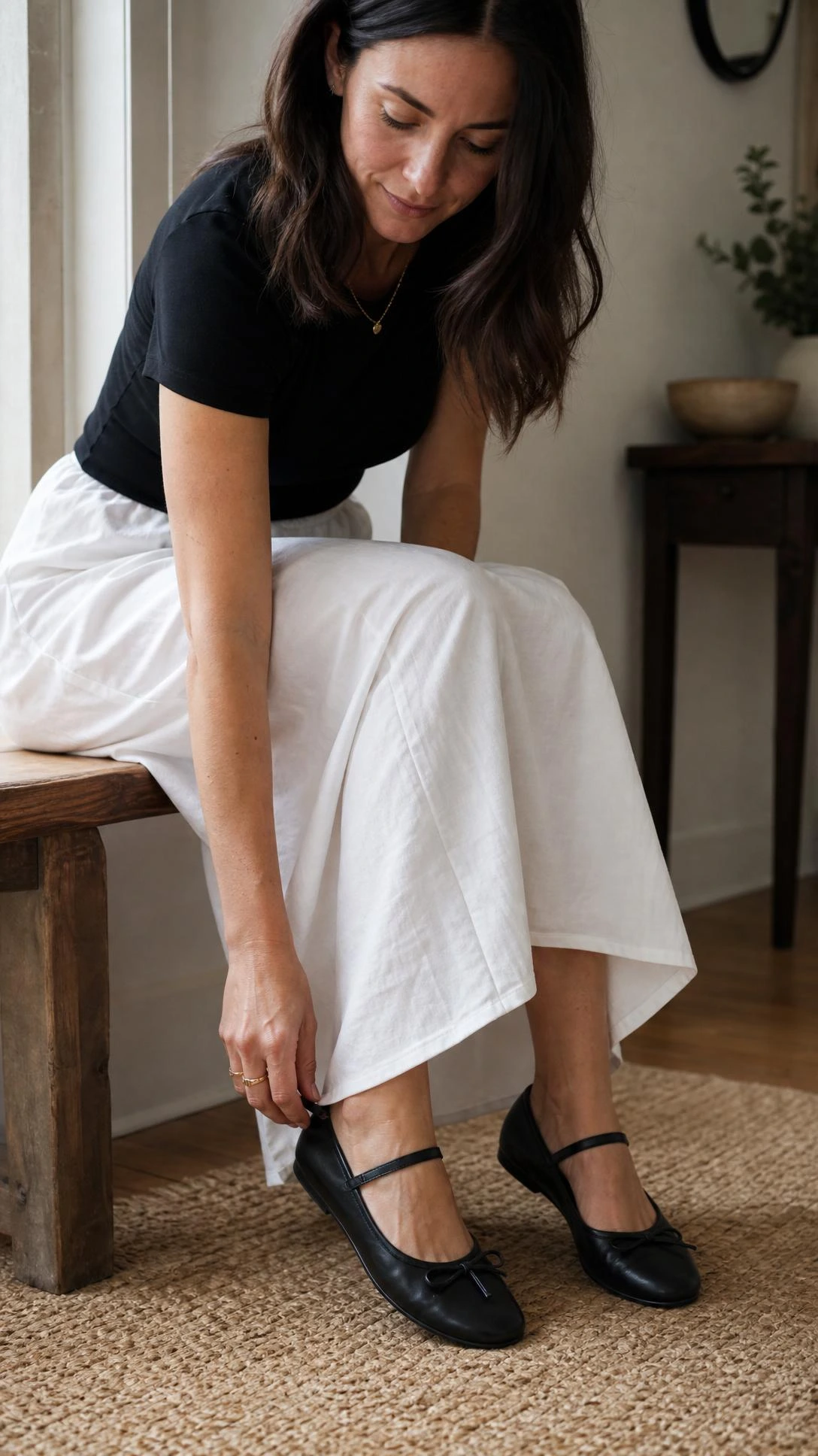 Woman in a softly lit entryway adjusts a black leather ballet flat, grounding white maxi skirt outfit ideas with polish.