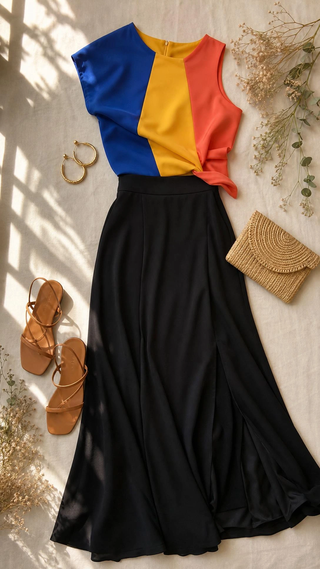 Black maxi skirt outfit flat lay on cream linen, paired with a bold color-block top in cobalt blue, yellow, and coral—a striking summer maxi skirt combination