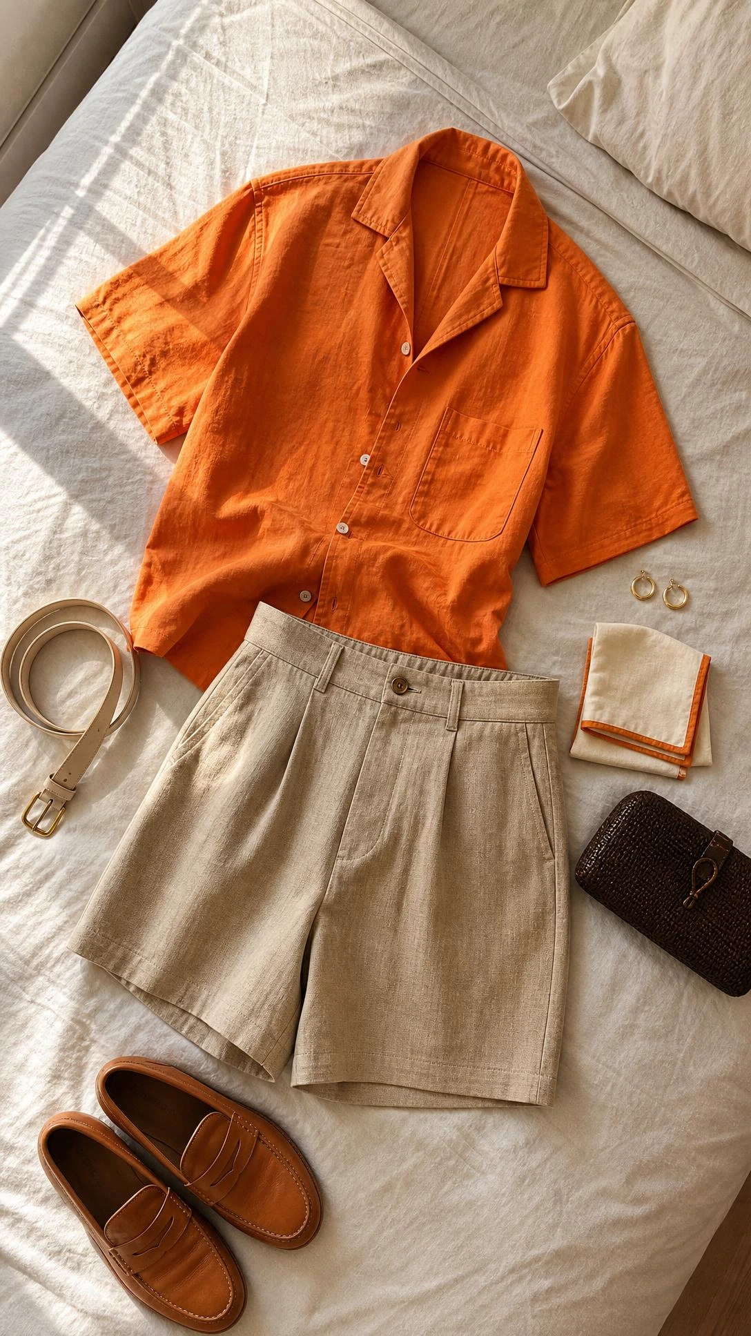 Boxy orange camp collar shirt styled in a flat lay with tailored shorts on linen bedding, showing a warm Valencia-toned summer outfit idea