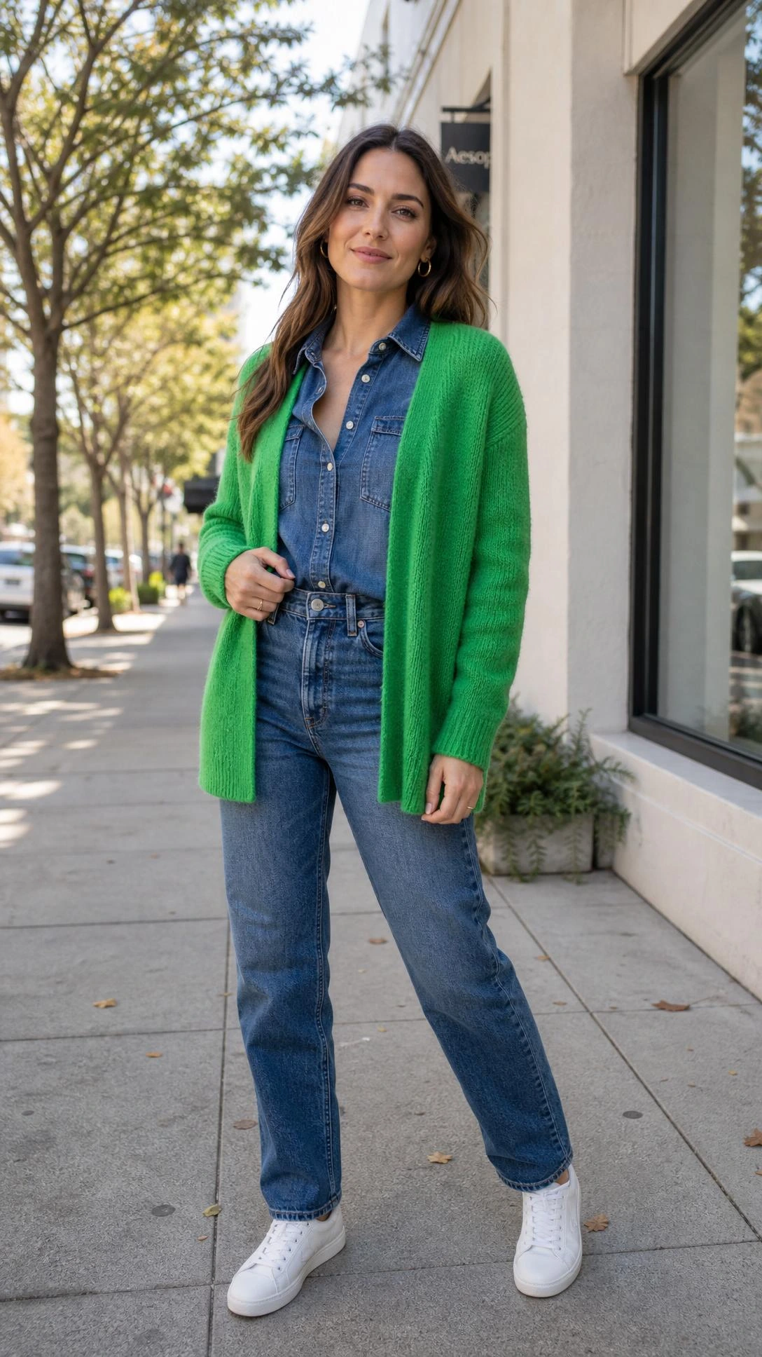 Woman in a bright green cardigan over an all-denim outfit on a sunny city sidewalk, showing a fresh green cardigan styling idea.