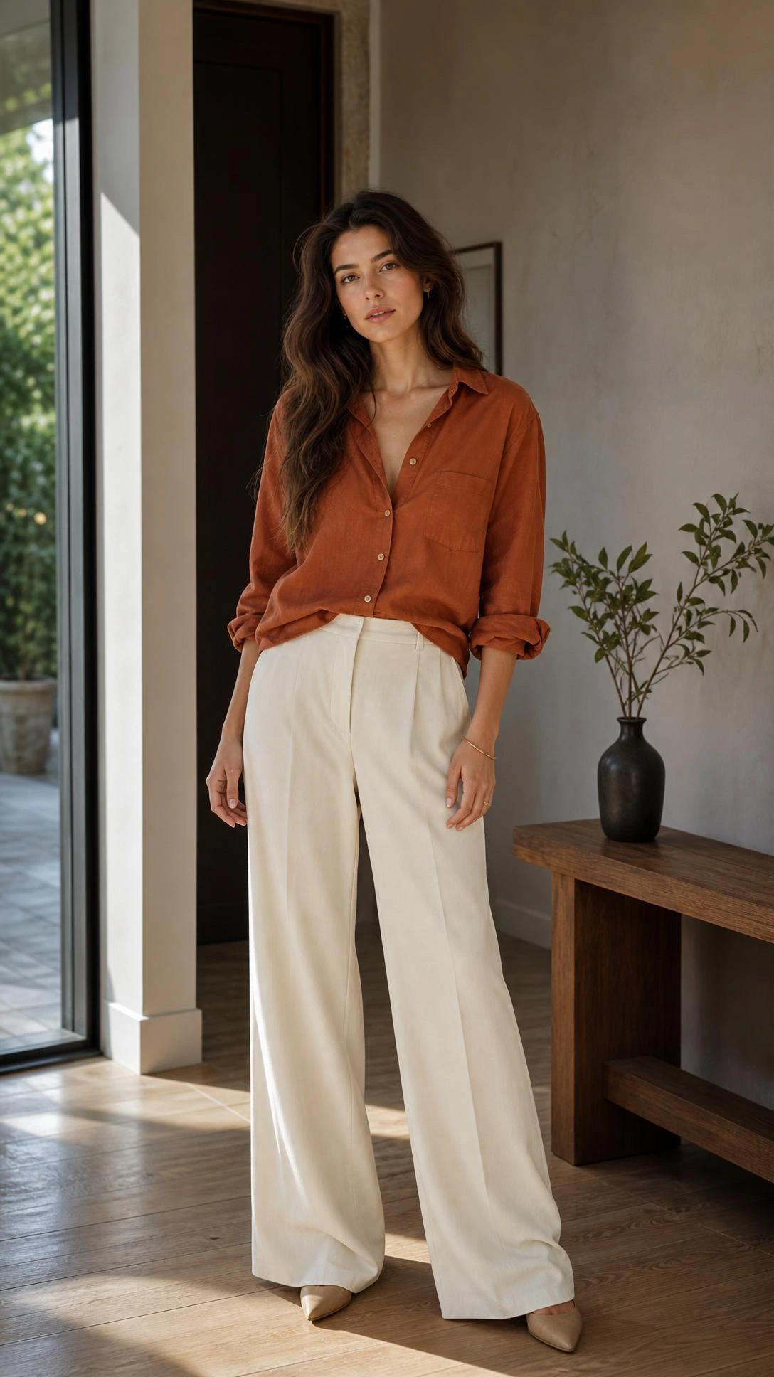 Woman wearing a relaxed burnt orange button-down shirt tucked into wide-leg cream trousers, styled in a bright modern entryway for an elevated everyday look