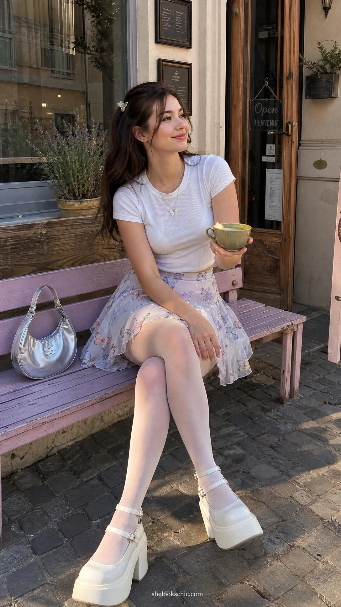 Woman in butterfly-print lavender mini skirt and white baby tee sitting at a sunlit café — a flirty y2k outfit for women done right