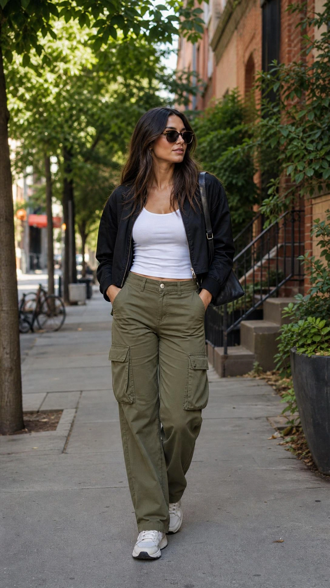 Tall slim woman walking in cargo pants, fitted white tank, and cropped jacket on a bright neighborhood street.