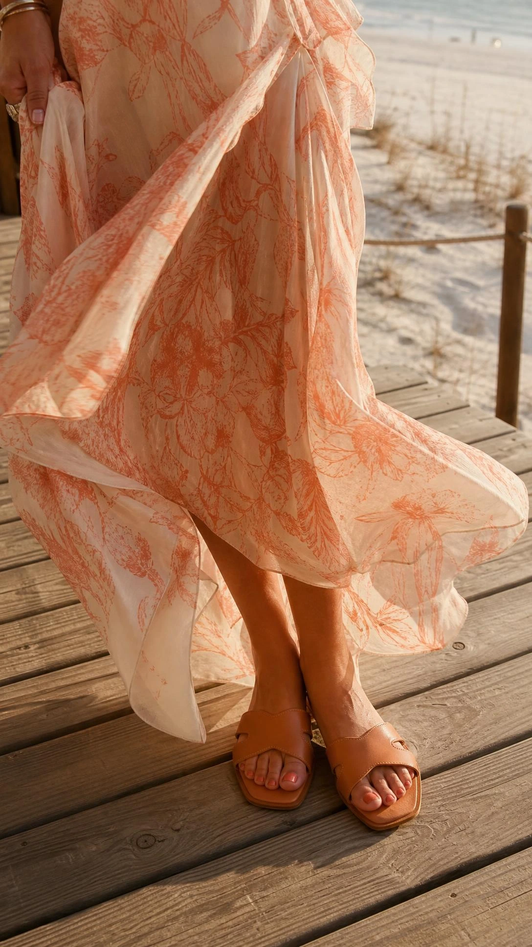 Flowy chiffon kaftan in ivory and dusty coral floral print catching a coastal breeze, paired with tan leather flat slides on a sun-warmed boardwalk — a modest beach outfit that feels effortlessly elegant