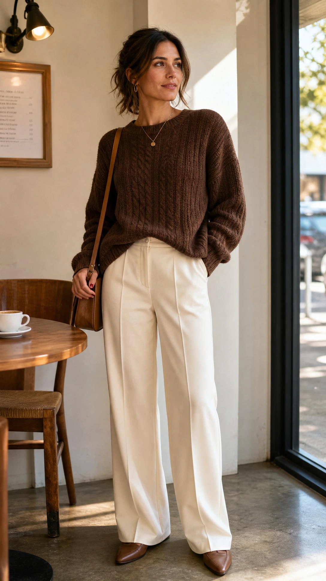 Woman wearing a chunky chocolate brown knit sweater paired with tailored cream trousers, standing near a floor-to-ceiling window in a sunlit minimal setting — a warm neutral outfit built around rich cocoa tones