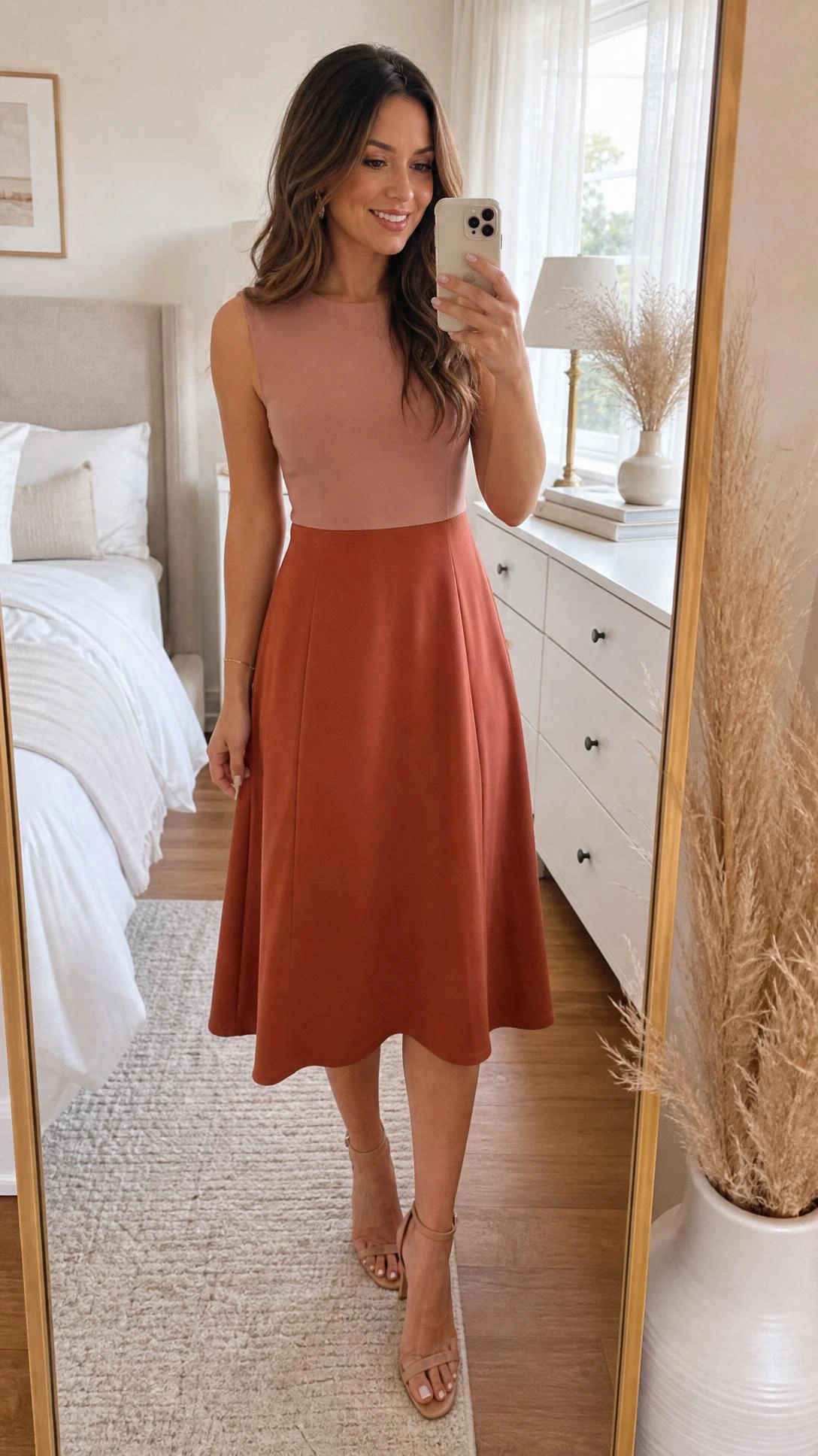 Woman in colorblock midi dress with dusty rose bodice and terracotta skirt, a chic graduation guest outfit captured in a sunlit bedroom mirror selfie