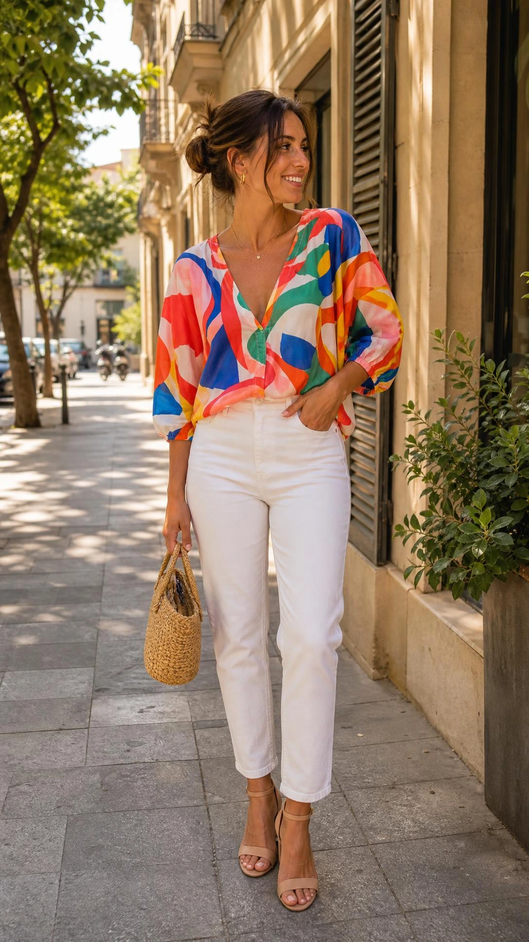 Mom wearing vibrant abstract print blouse with coral, cobalt, and mustard swirls tucked into tapered high-waist white jeans on a sunny sidewalk