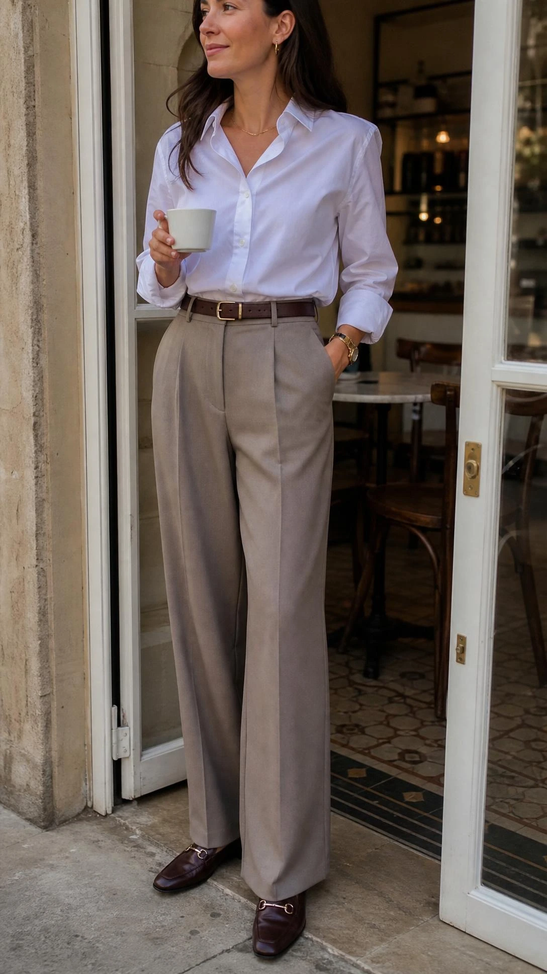 Close-up of a crisp white shirt tucked into high-rise wide-leg trousers, highlighting a refined parisian office outfit.