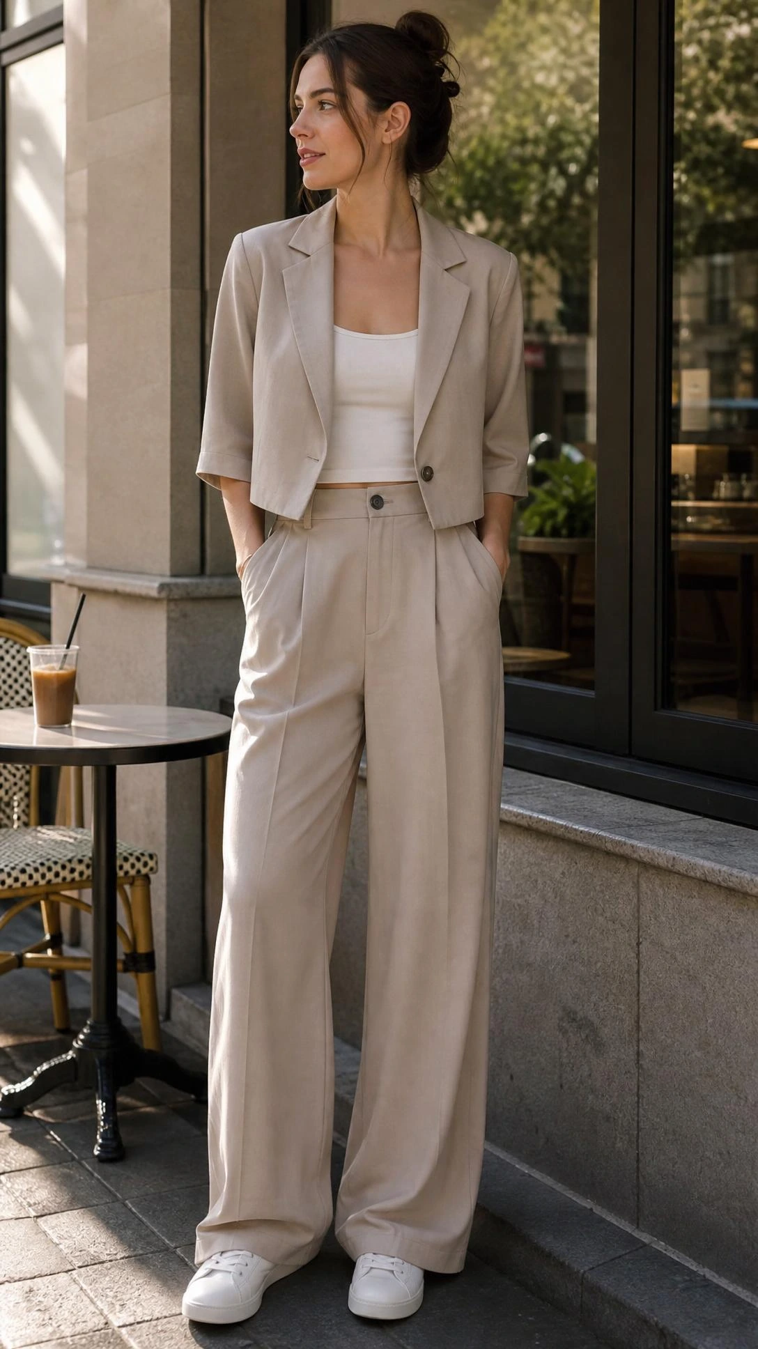 Warm editorial close-up shows a woman in a cropped blazer and wide-leg trousers, highlighting pear shape proportions from waist to hem.