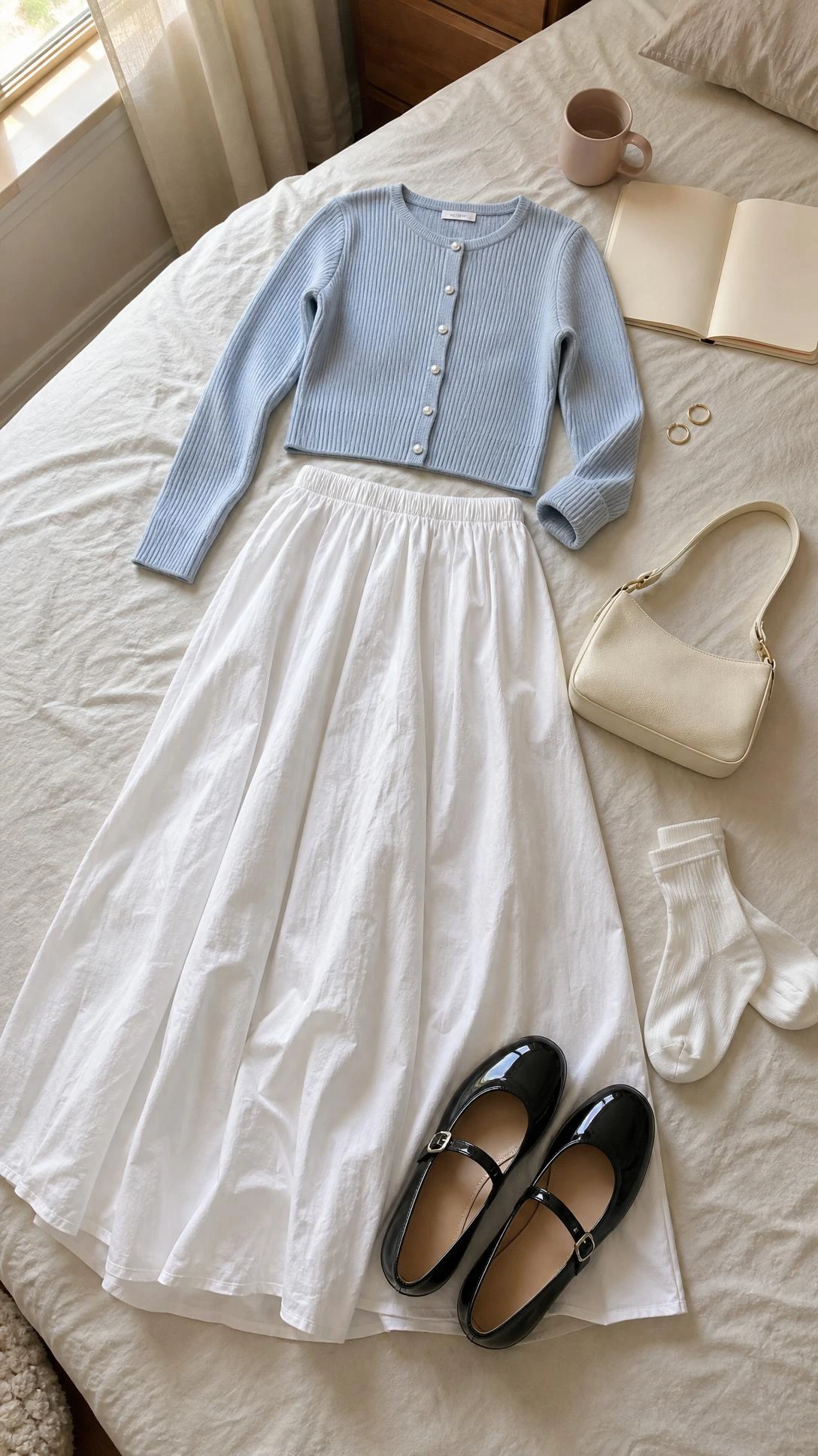 Flat lay of a white maxi skirt outfit with cropped cardigan and Mary Janes on ivory linen in warm bedroom light