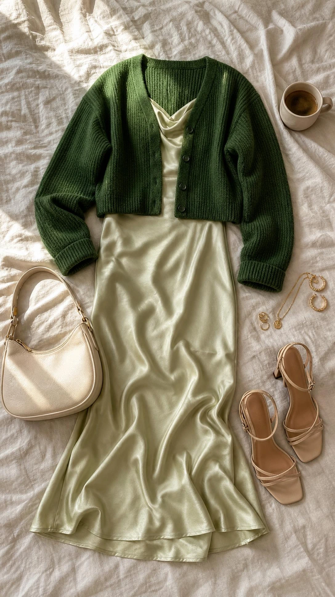 Cropped green cardigan layered over a champagne satin midi dress on an ivory linen duvet, showing a polished green cardigan outfit idea.