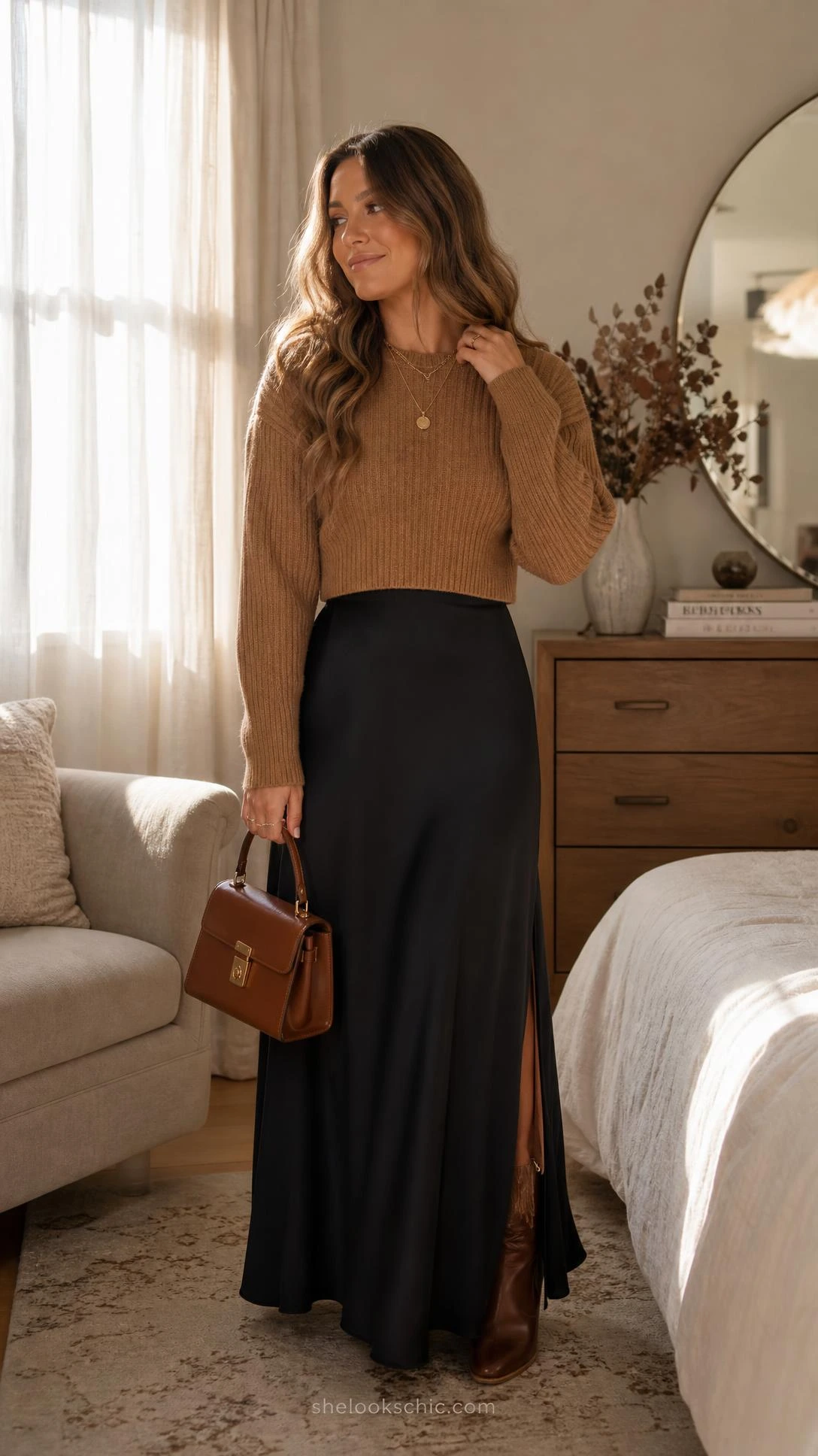 Woman in caramel cropped ribbed knit sweater tucked above a flowing black maxi skirt, styled for fall in a warmly lit bedroom