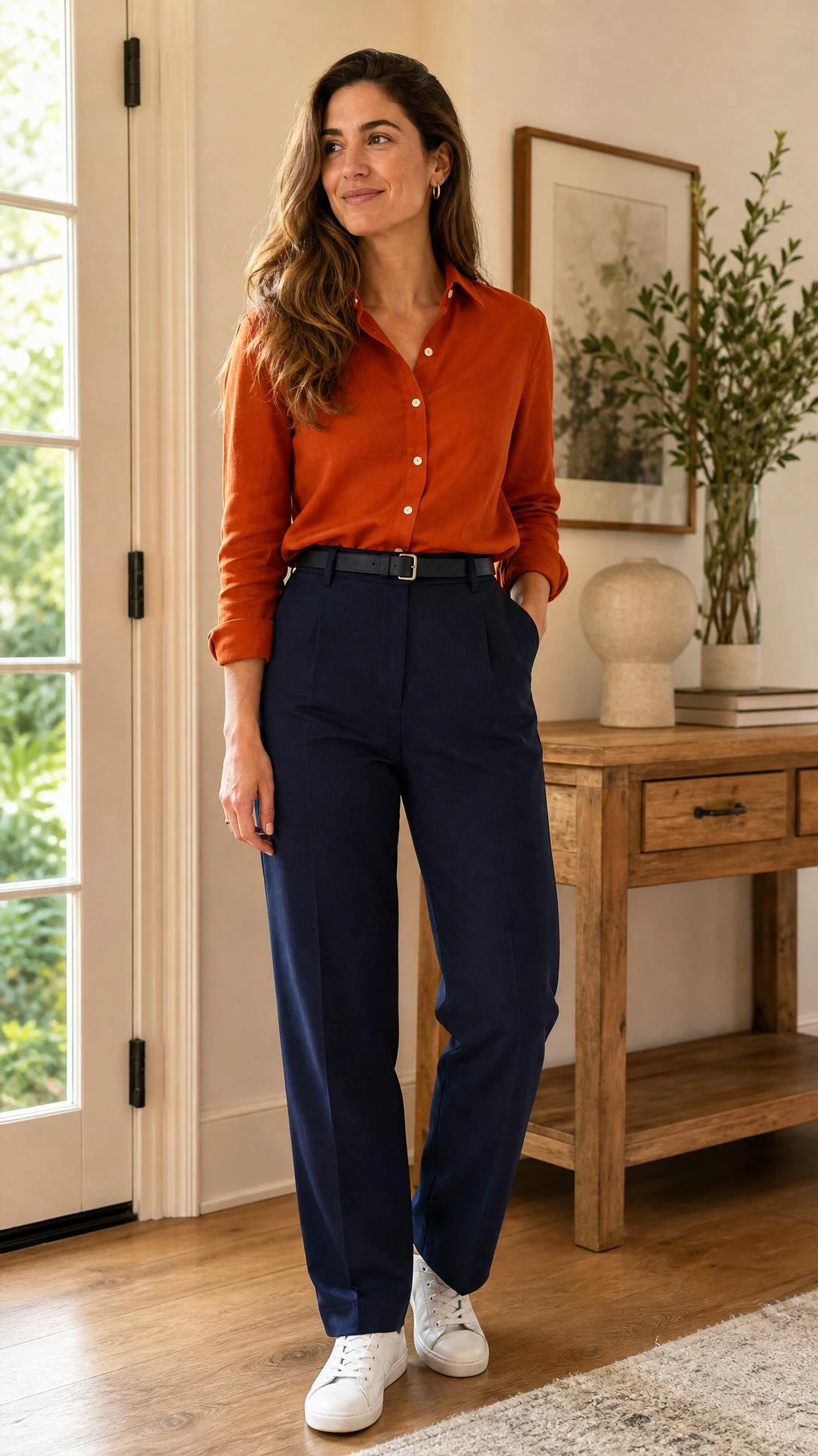 Woman in deep burnt orange button-down shirt paired with navy basics, styled in a clean home entryway for a polished classic combination