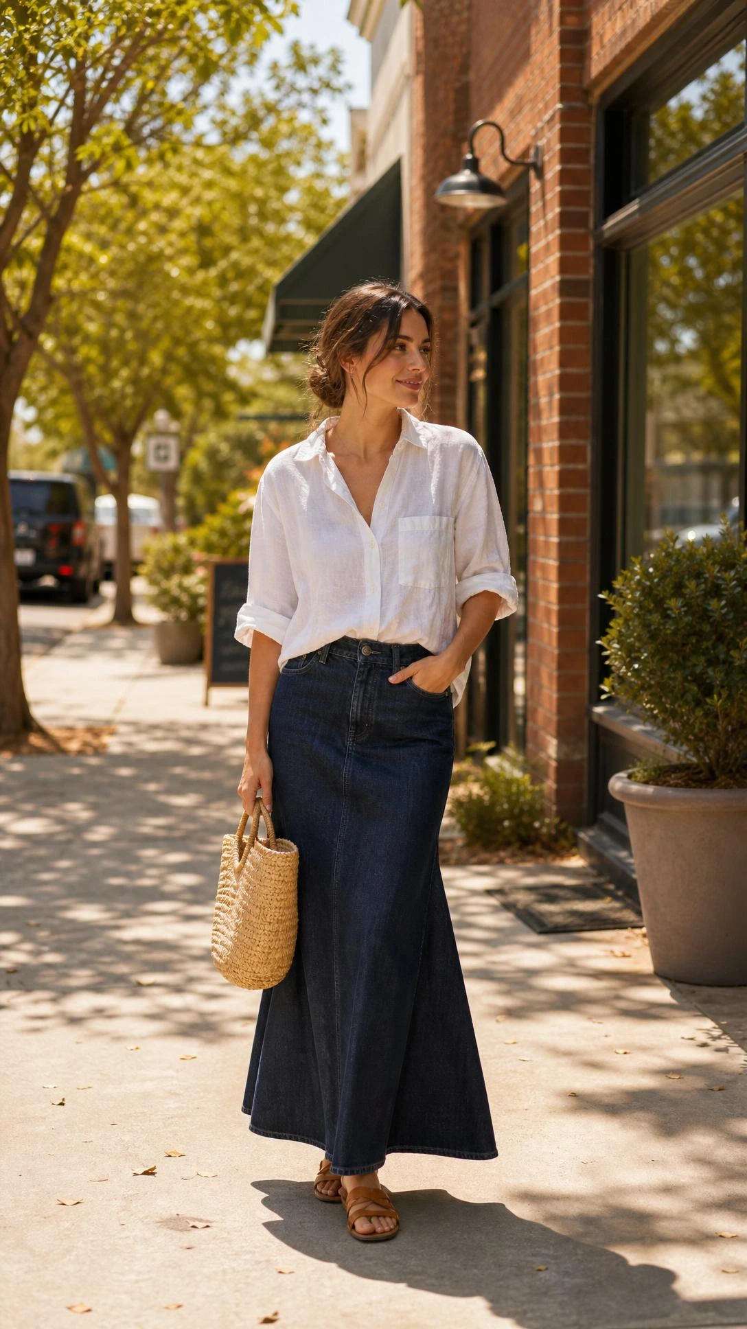 Woman in dark-wash denim maxi skirt and white linen button-up shirt, front-tucked with sleeves rolled, styled for a casual summer maxi skirt outfit