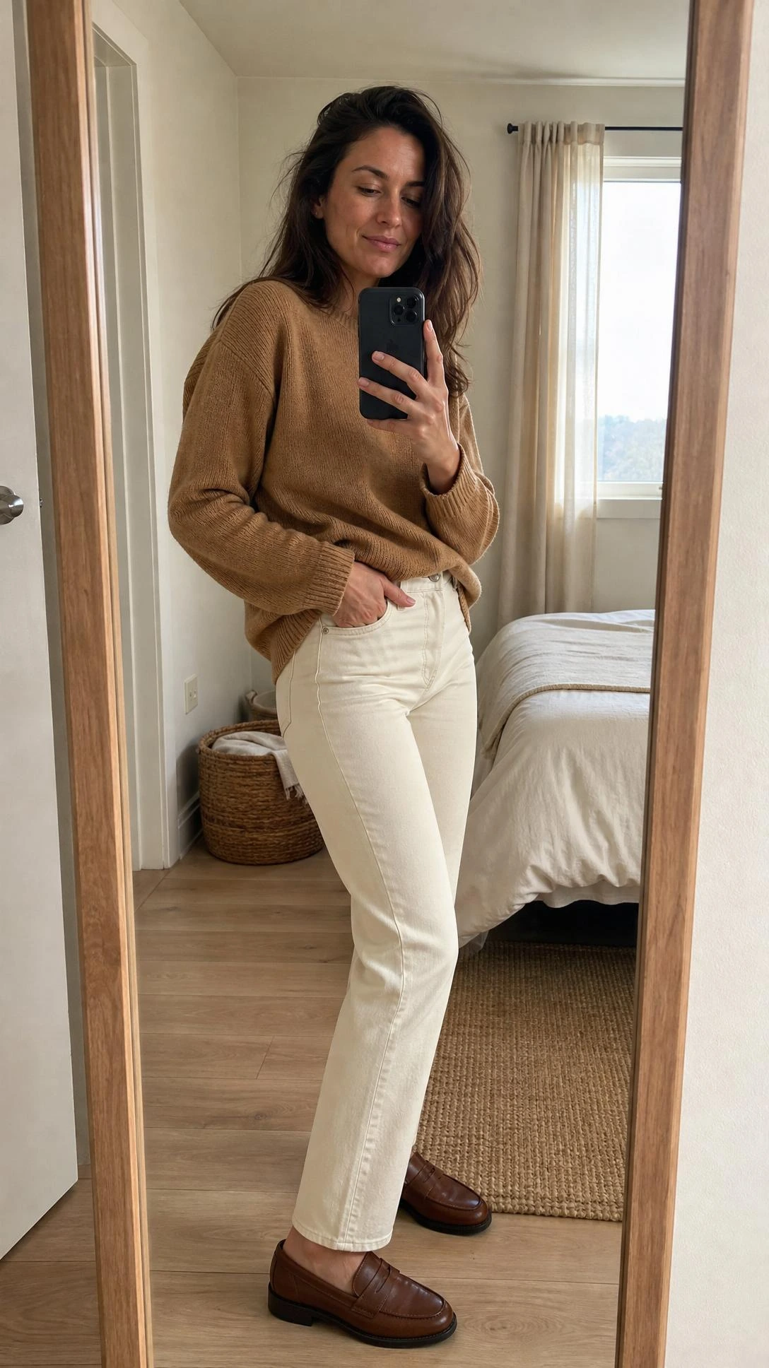 Mirror selfie of a woman styling ecru jeans with a camel sweater and loafers, a warm take on white jeans outfit ideas