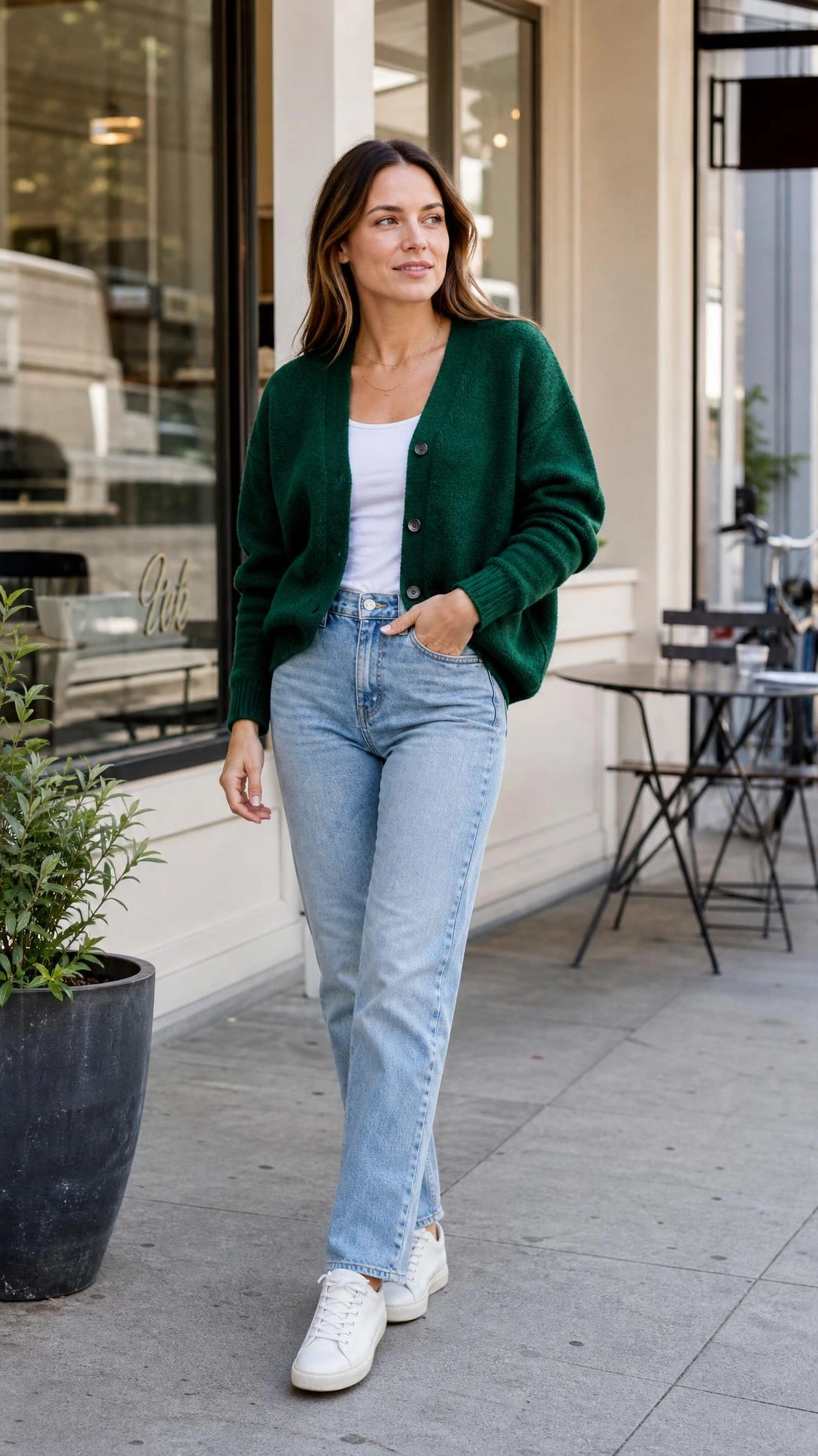 Emerald green cardigan with light wash denim styled on a woman walking past a minimal cafe, showing an easy city outfit idea.