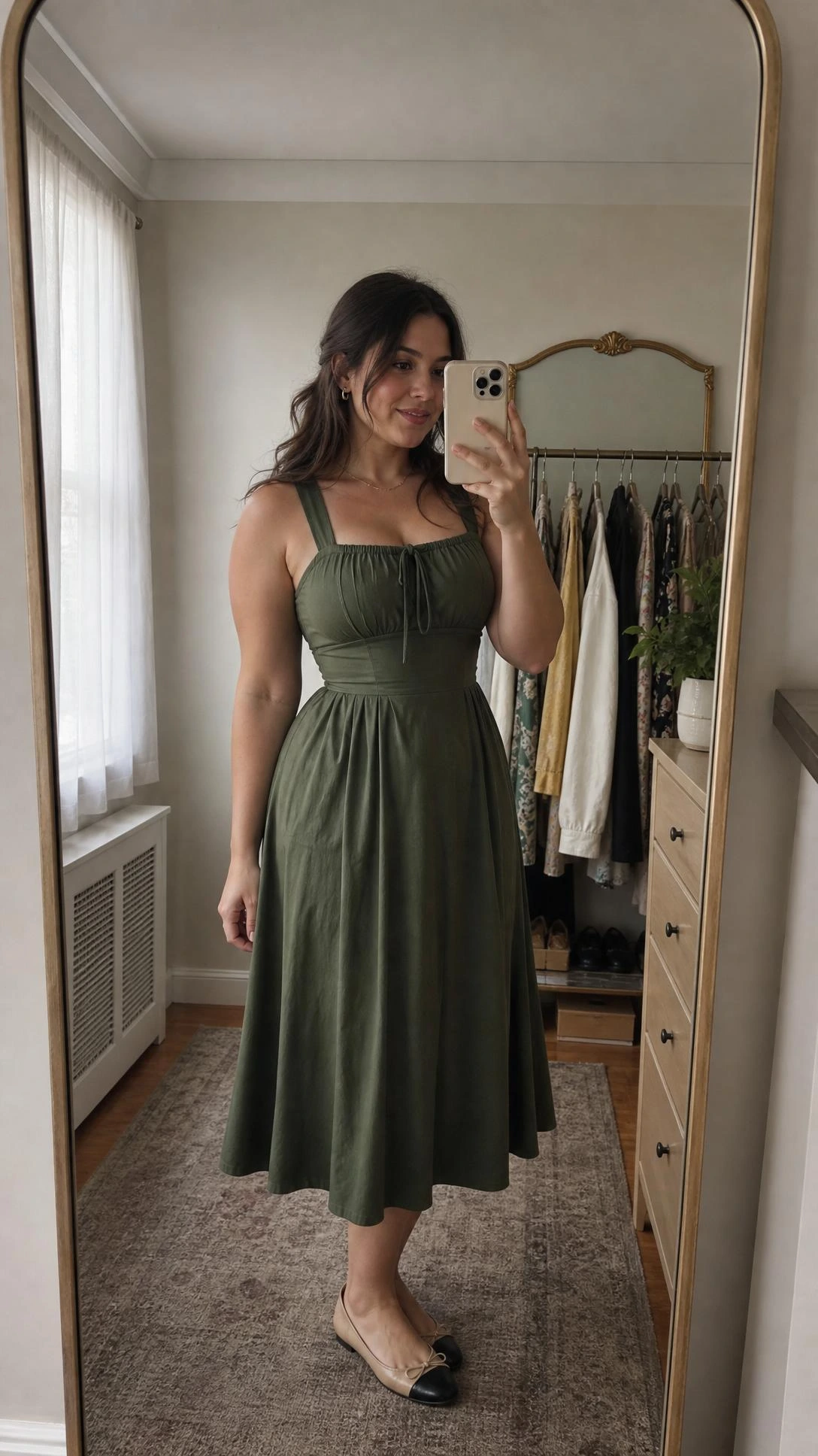 Pear shape outfit idea featuring a fit-and-flare midi dress with bodice detail, shown in a warm bedroom mirror selfie with full head-to-shoe view.