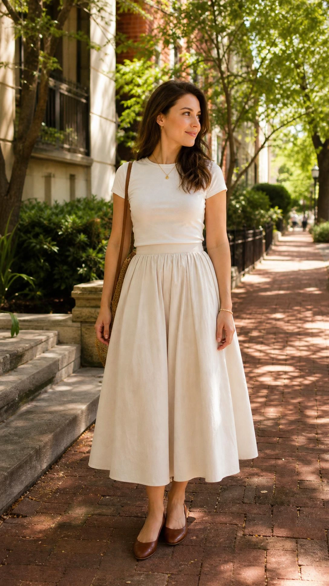 Pear shape outfit idea with a fitted tee tucked into a full midi skirt, styled on a sunlit street to balance proportions elegantly.