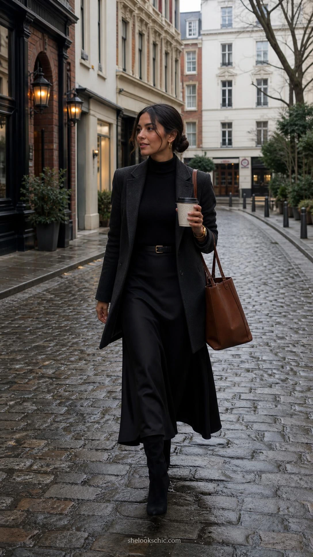 Woman in fitted black turtleneck and black maxi skirt with knee-high boots walking cobblestone street holding coffee and leather tote