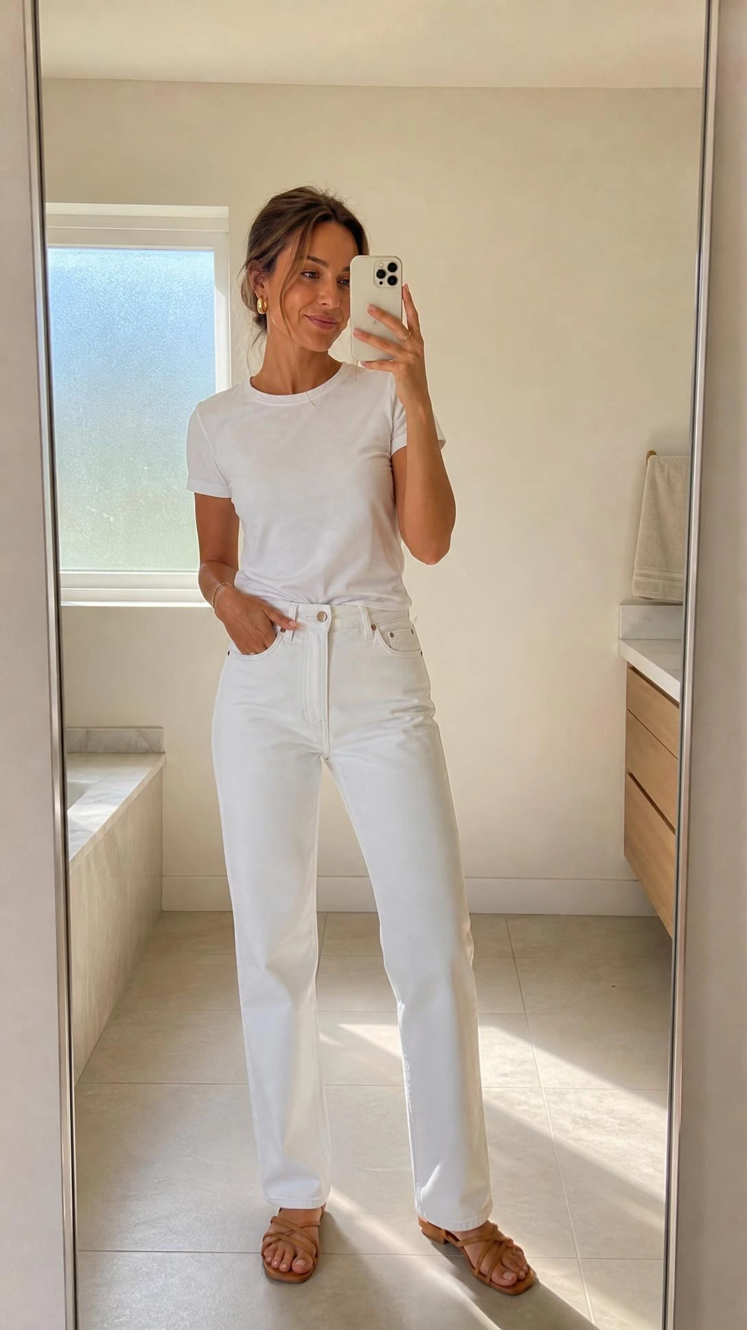 Woman in early 30s wearing fitted white tee tucked into high-rise white straight-leg jeans in a sunlit bathroom mirror selfie, showcasing a clean monochromatic mom outfit for summer