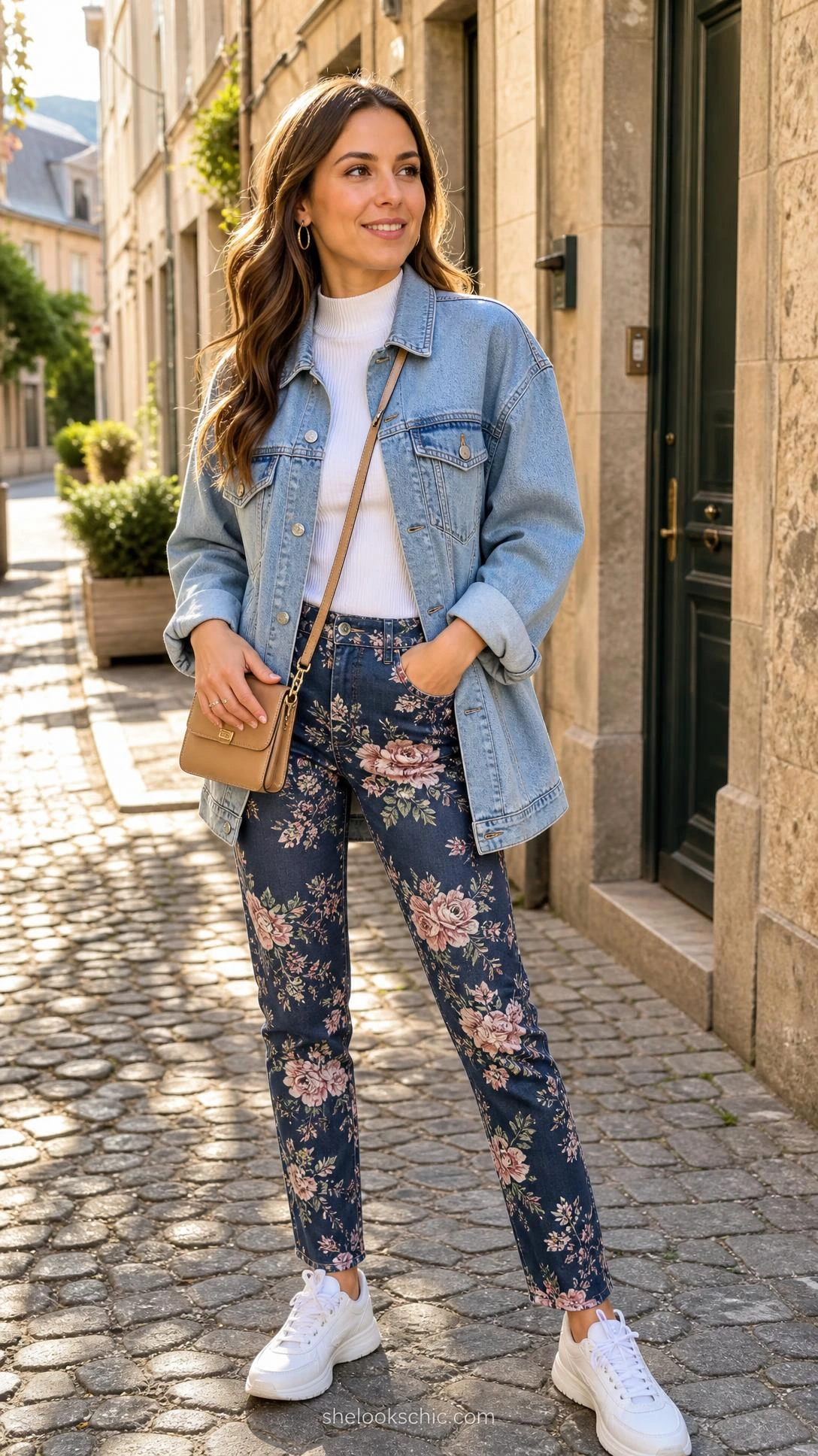 Floral jeans in deep navy with blush pink and sage botanical print styled with a light-wash oversized denim jacket for a double denim outfit idea