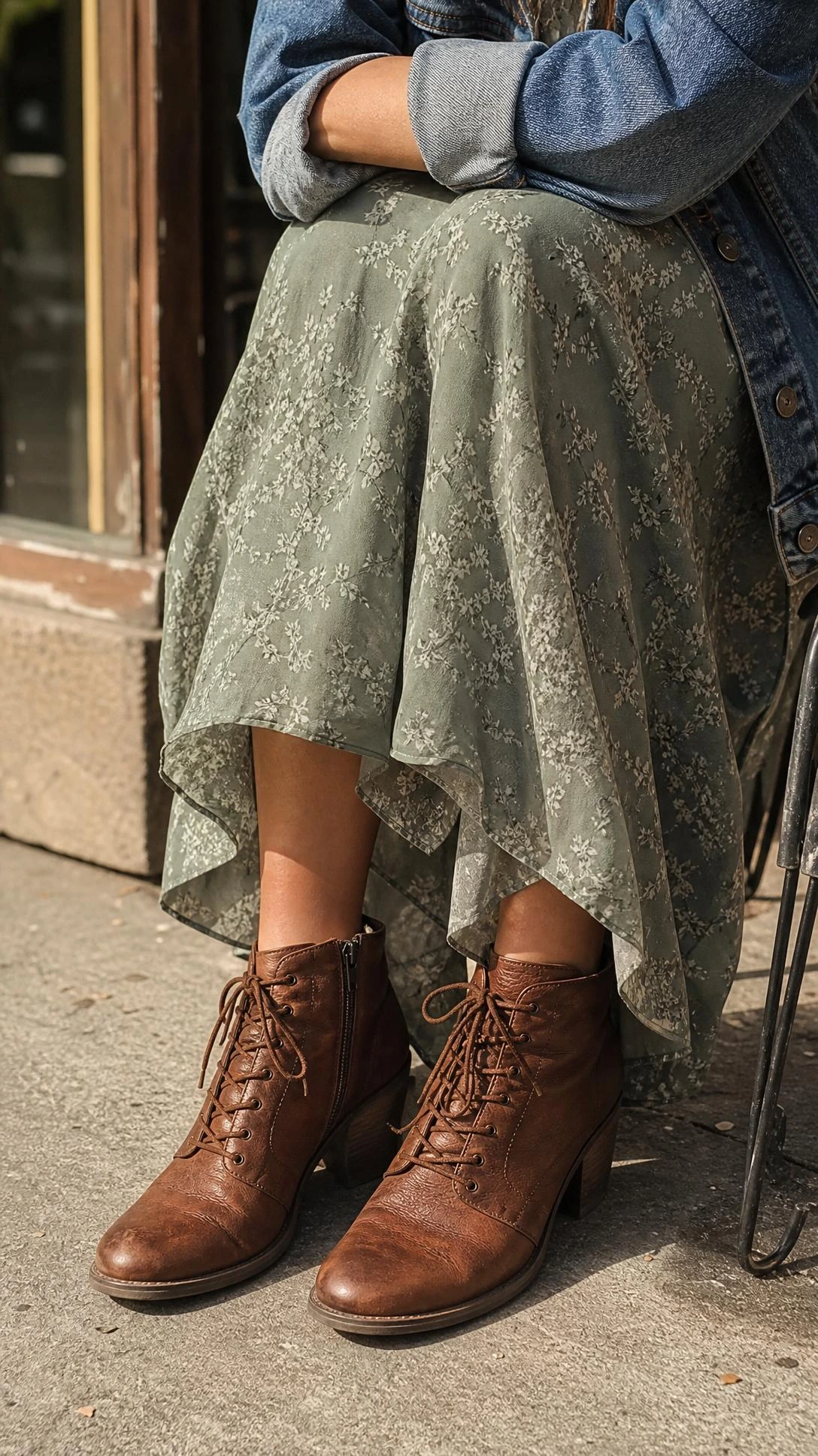 Worn-in brown leather ankle boots with natural grain and creasing beneath a flowy sage green midi dress hem — a grounded casual dinner outfit detail