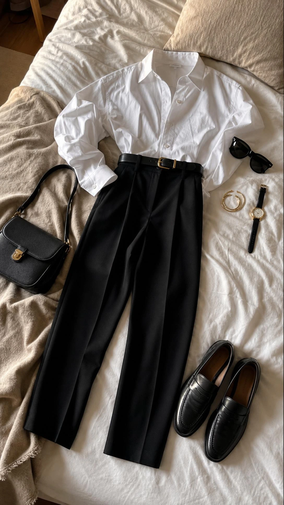 Flat lay of full-length trousers with a crisp white shirt, styled neatly on a bed with simple classic accessories.