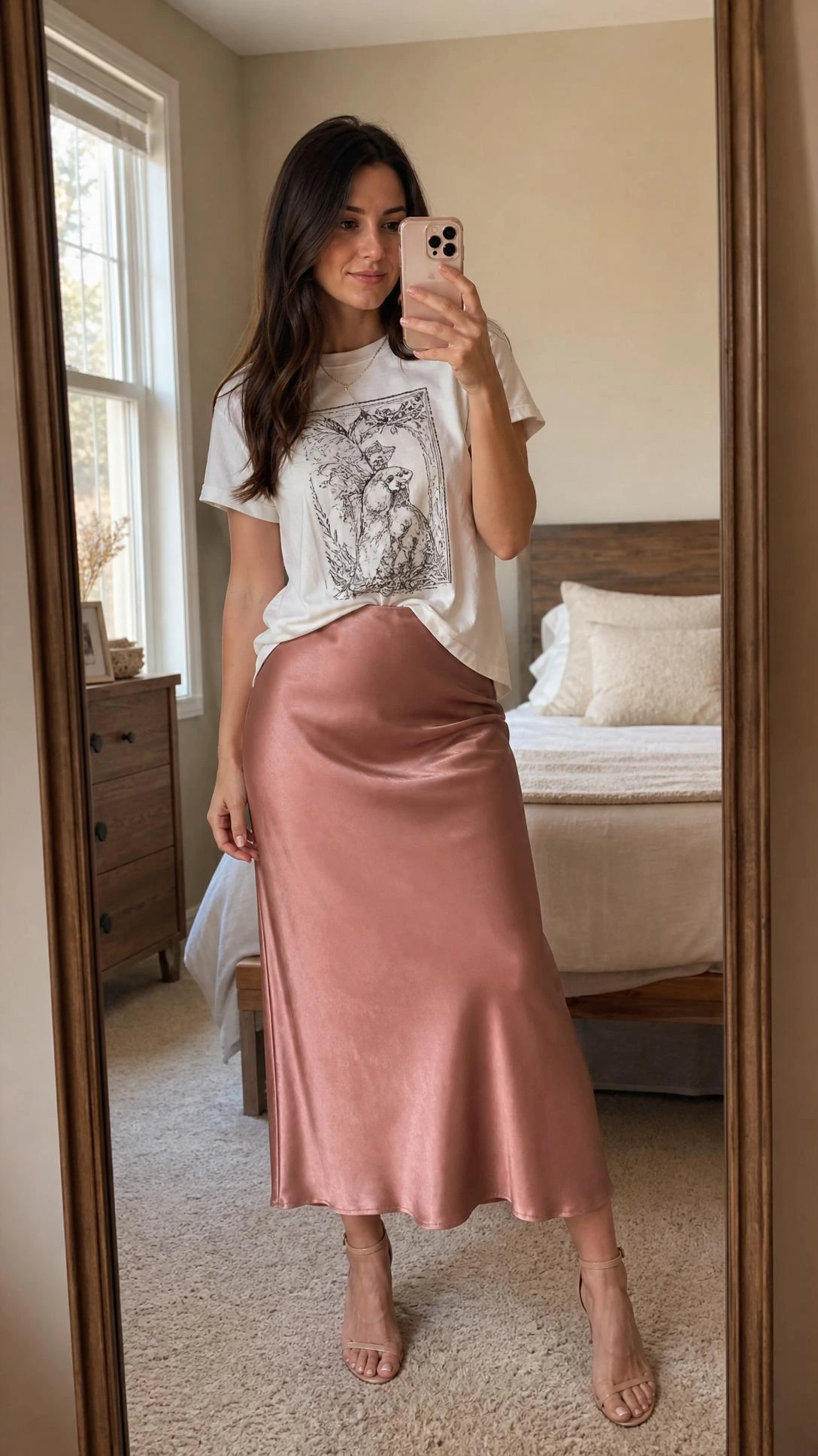 Woman in her late twenties taking a mirror selfie wearing a graphic tee tucked into a flowy satin skirt, styled as a chic brunch outfit in a warmly lit bedroom