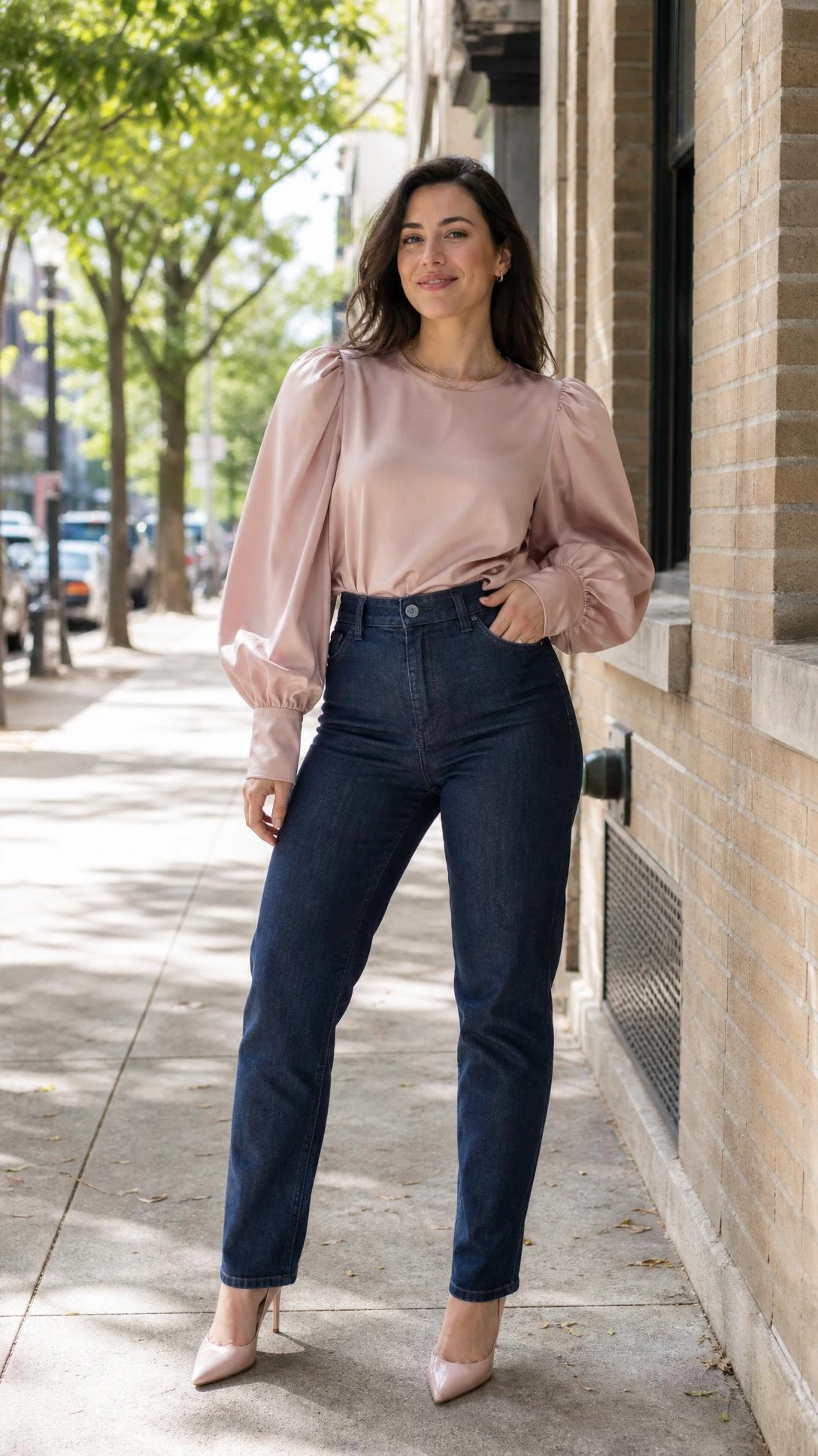 Woman wearing high-waisted dark indigo jeans and a puff-sleeve blouse on a sunlit city sidewalk, a polished brunch outfit that balances casual and feminine effortlessly