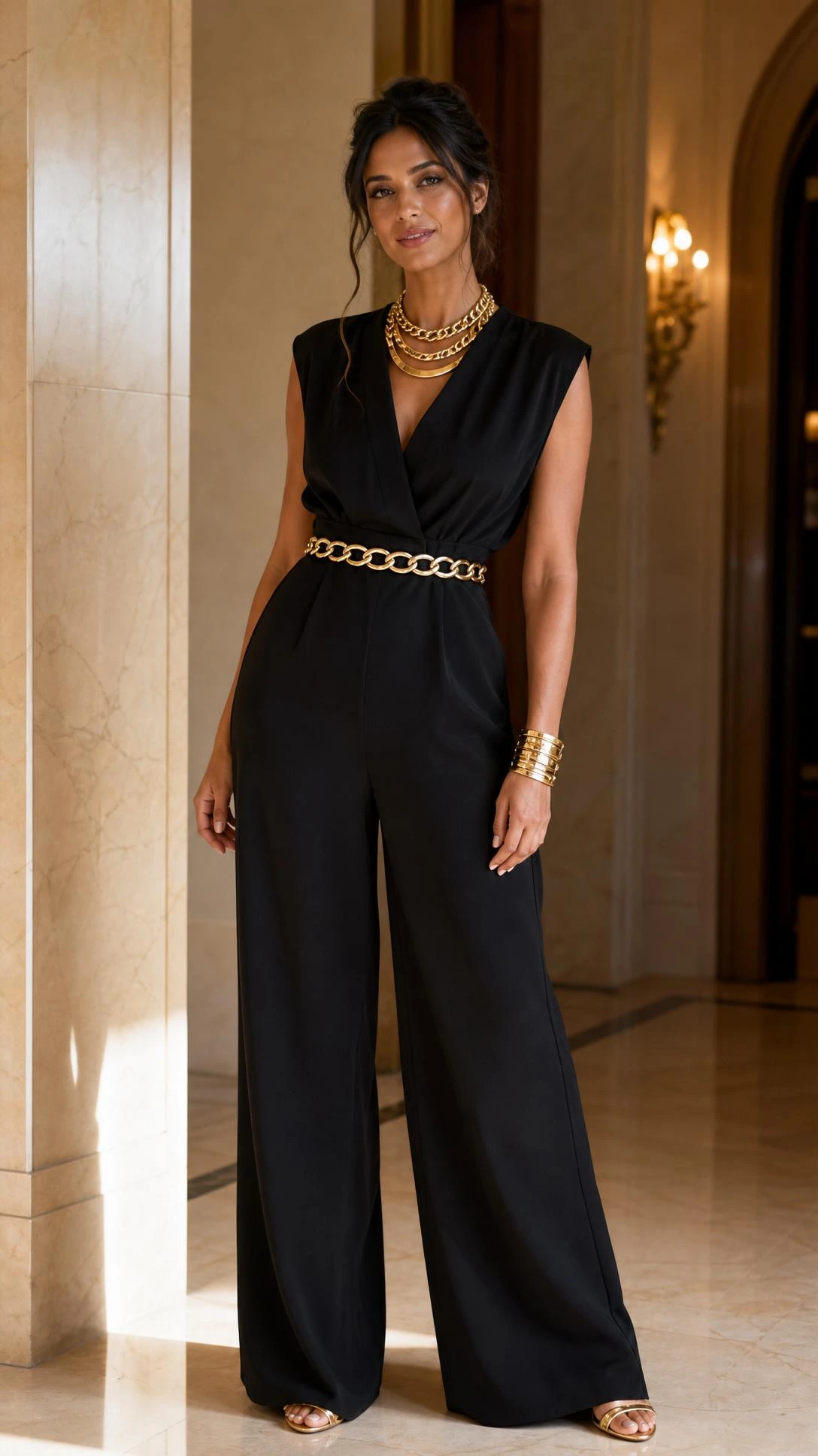 Woman wearing a sleek black wide-leg jumpsuit with cinched waist styled with bold chunky gold chain-link accessories for a polished cocktail outfit