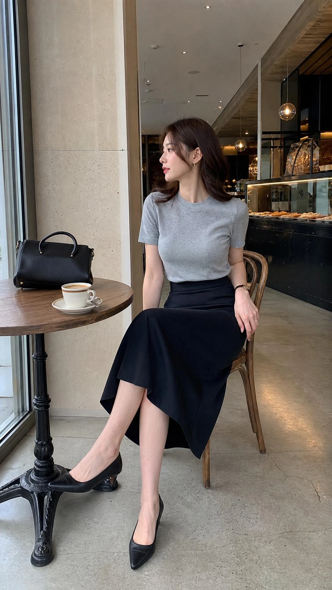 Woman in a fitted knit top and structured midi skirt at a café table, wearing a polished parisian office outfit.