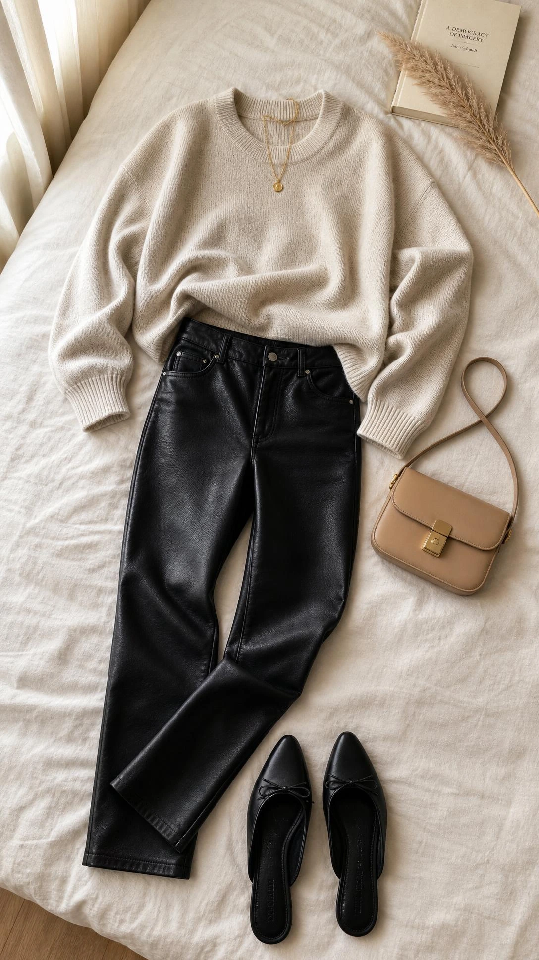 Black leather pants and soft knit top flat lay on ivory linen bedding, a casual dinner outfit that balances edge with effortless comfort