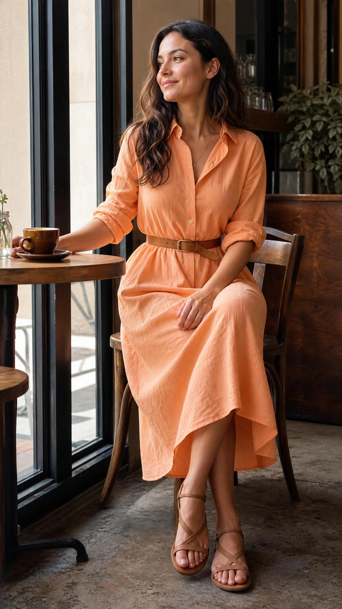 Woman in her late twenties wearing a light orange shirt dress belted at the waist with a tan leather belt, standing by a sunlit cafe window in a midi-length cotton style