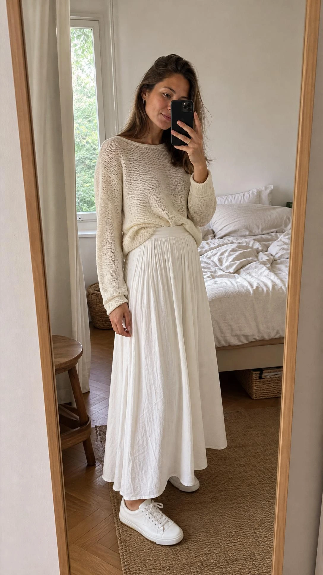 Bedroom mirror selfie of a woman styling a fine-knit sweater, white flowing skirt, and sneakers for white maxi skirt outfit ideas