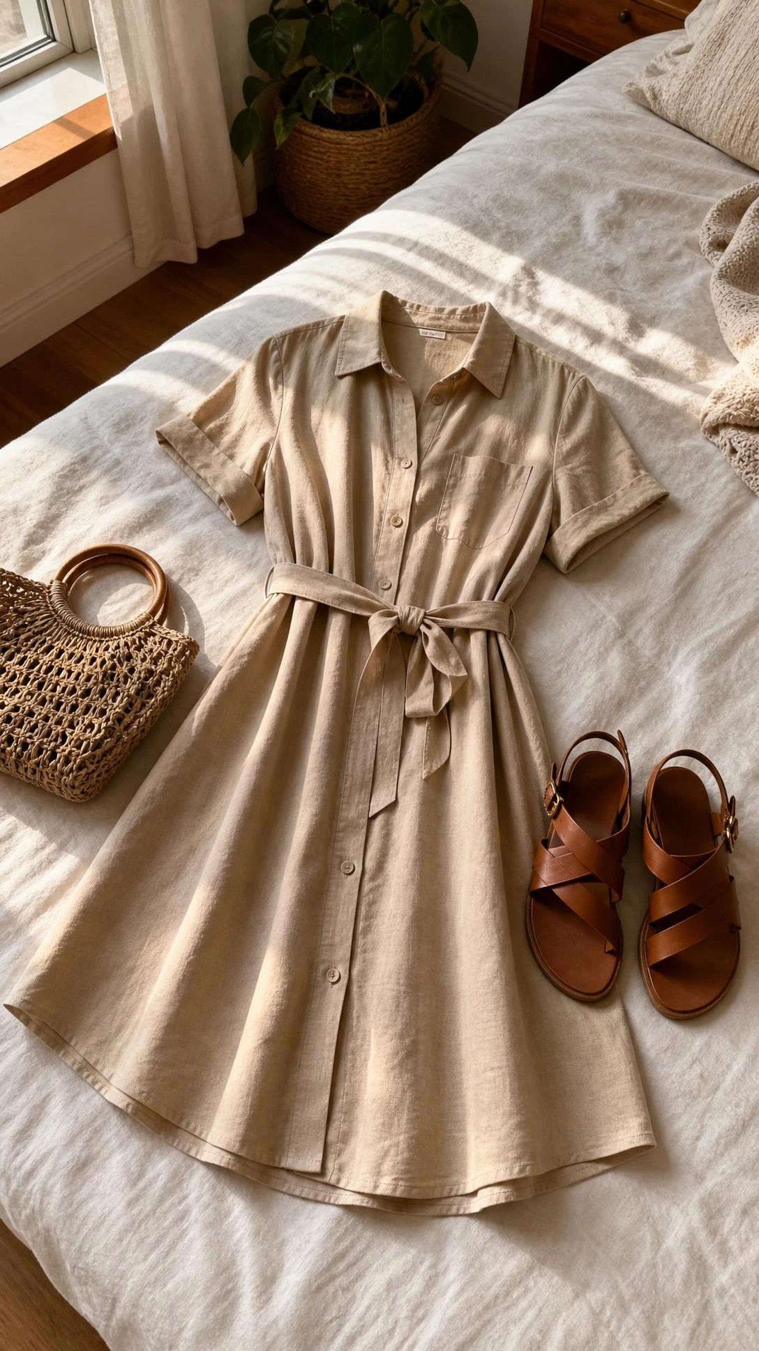 A-line shirt dress with leather sandals styled on a sunlit linen bed, highlighting balanced pear shape outfit ideas with easy accessories.