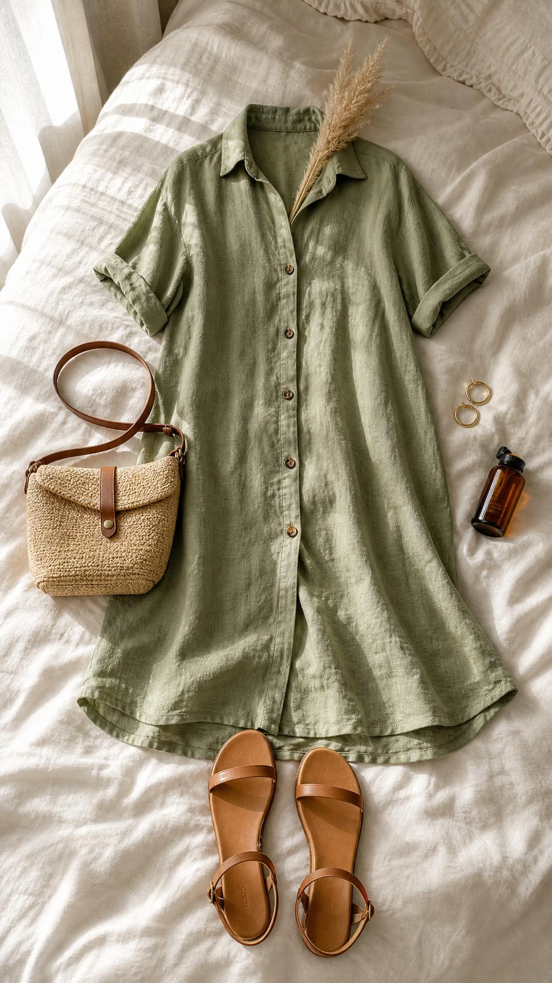 Sage green linen shirt dress laid flat on ivory bedding in warm morning light, showcasing the relaxed brunch outfit from above
