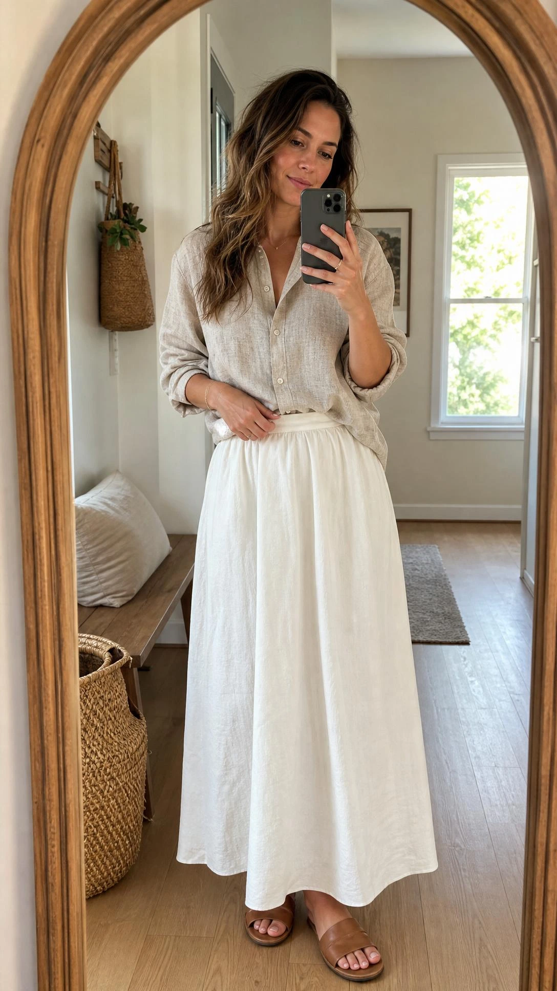 Mirror selfie of a woman styling white maxi skirt outfit ideas with an oatmeal linen button-up and leather slides