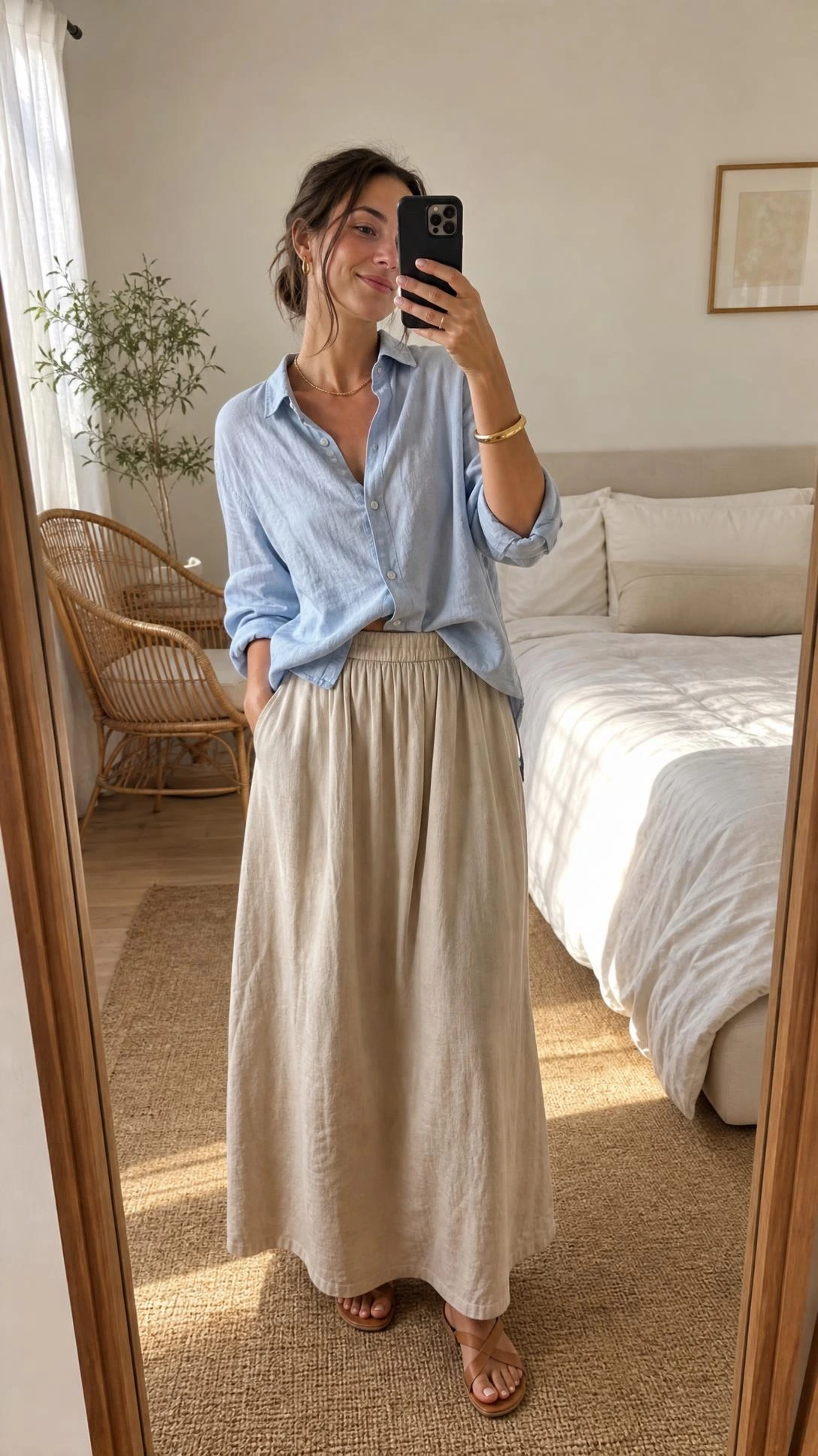 Woman in a warm-toned linen maxi skirt and loosely tucked light blue button-down shirt, shot in a sunlit bedroom for an effortless summer outfit look