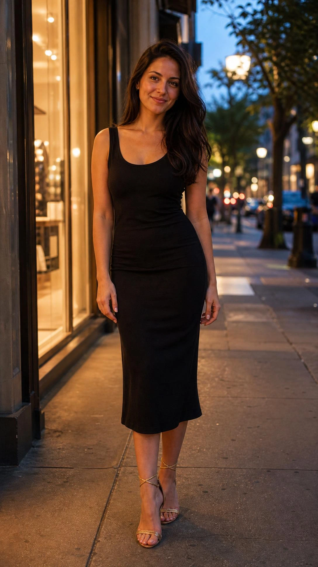 Woman in fitted little black dress with strappy heeled sandals standing on a city sidewalk at dusk beside a glowing storefront window
