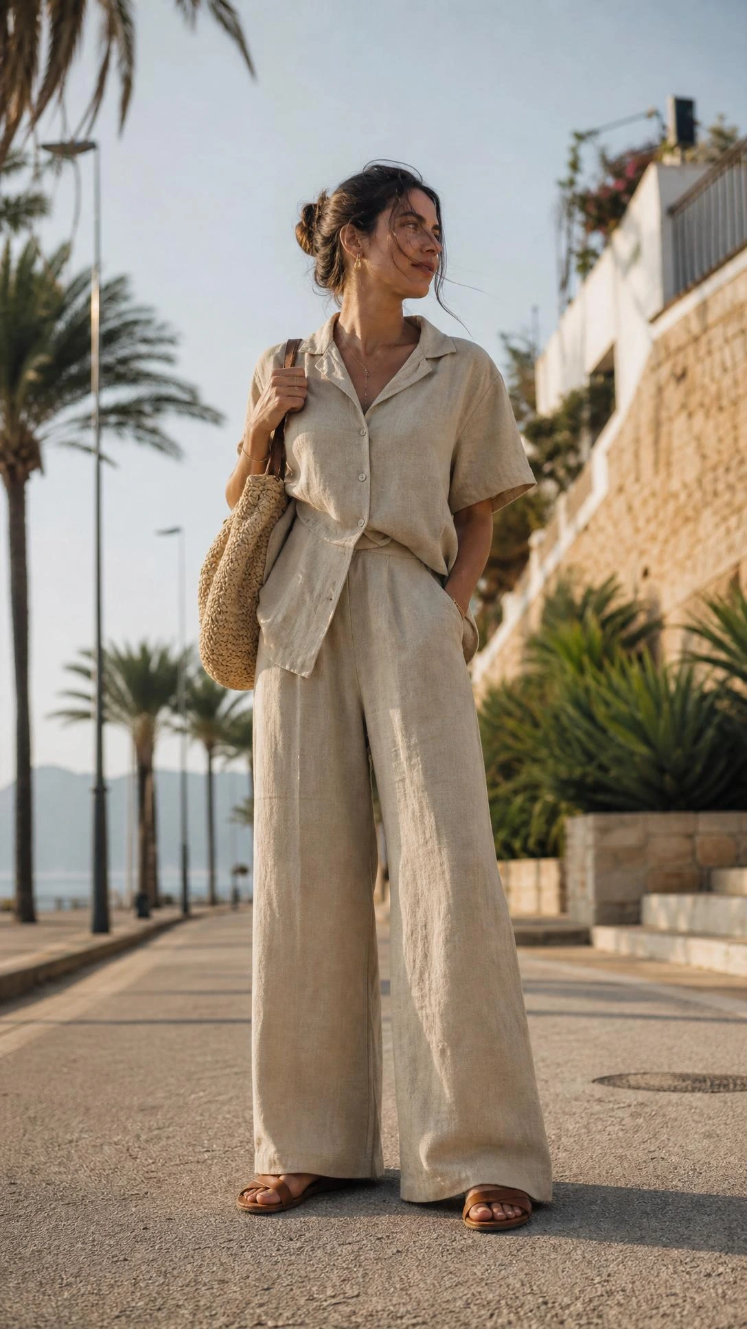 Woman in matching sand-toned linen co-ord set with wide-leg trousers and button top on a sunny coastal boardwalk — a modest beach outfit that feels effortlessly polished