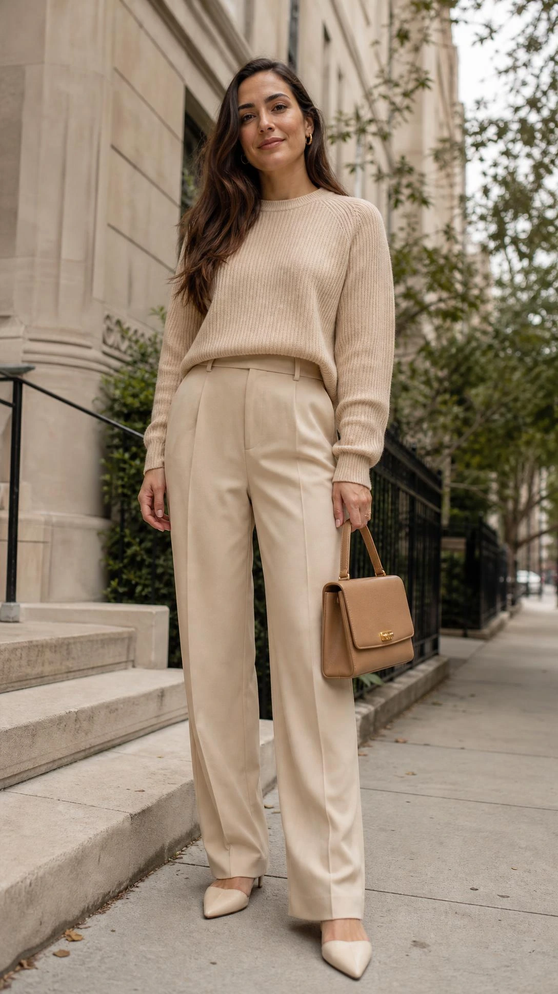 Woman in monochromatic beige brunch outfit wearing a cropped sweater and tailored trousers, shot from a low street-style angle on a concrete sidewalk