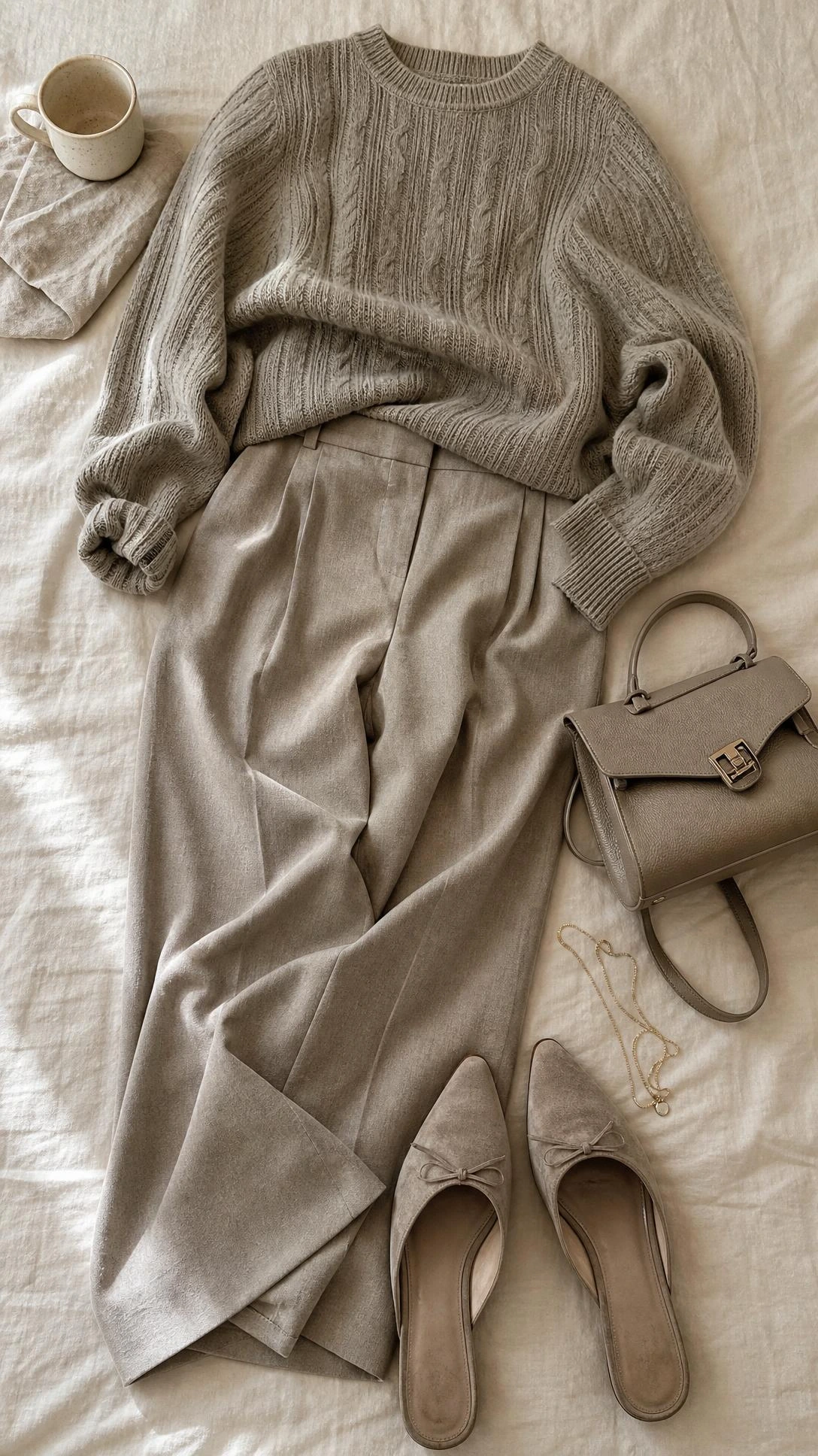 Flat lay of a complete greige monochrome outfit on ivory linen — oversized ribbed knit sweater styled head to toe in warm neutral tones for effortless casual dressing