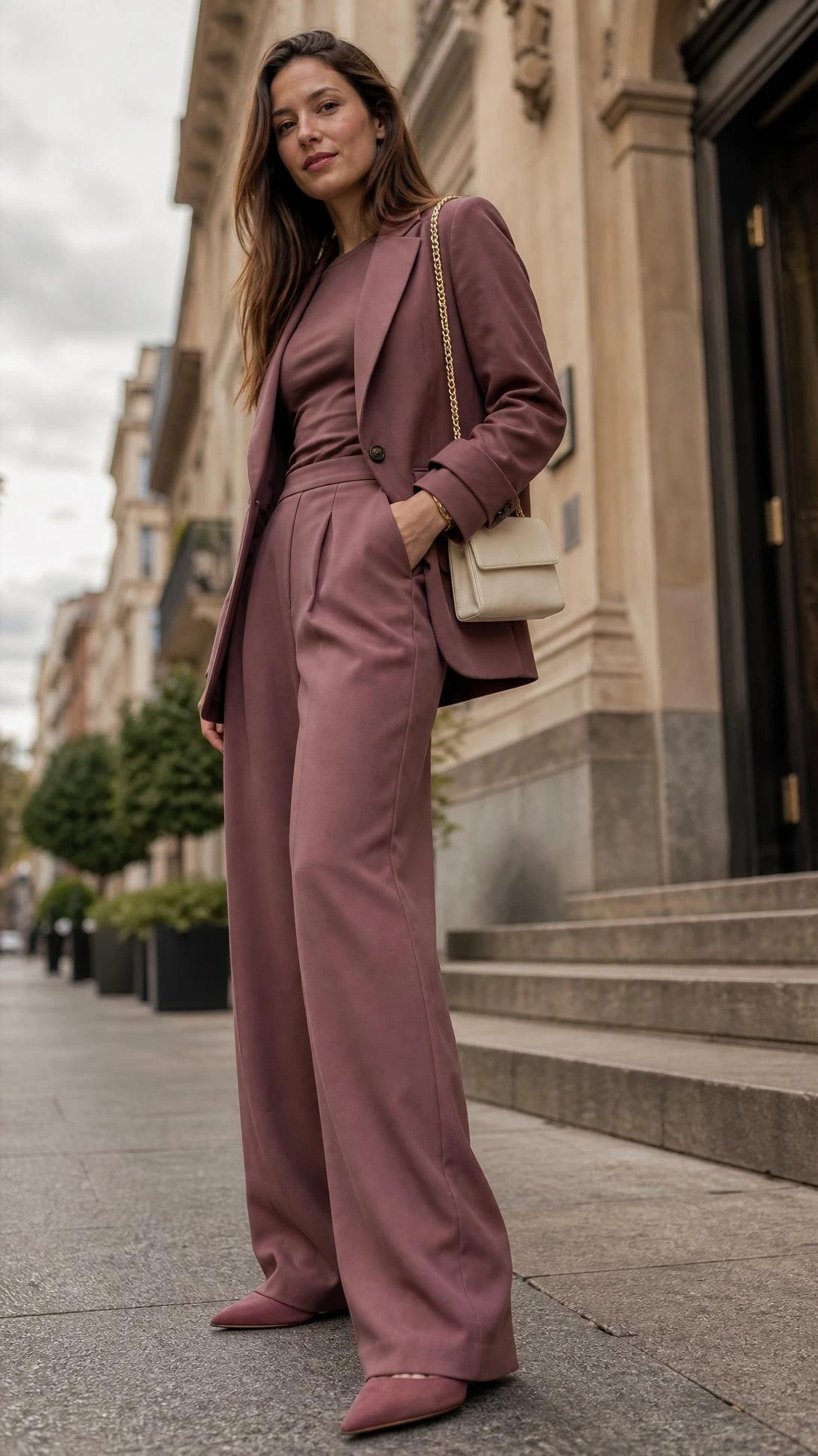 Woman in monochrome matching set carrying a minimal shoulder bag, styled as an effortless casual dinner outfit on a clean urban sidewalk