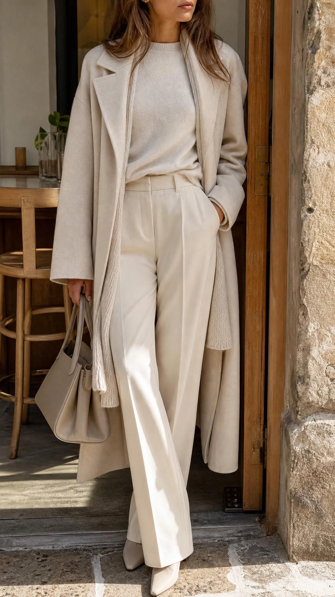 Close-up of monochrome trousers and knit layers in cream, showing tailored pants and soft matching textures in daylight.