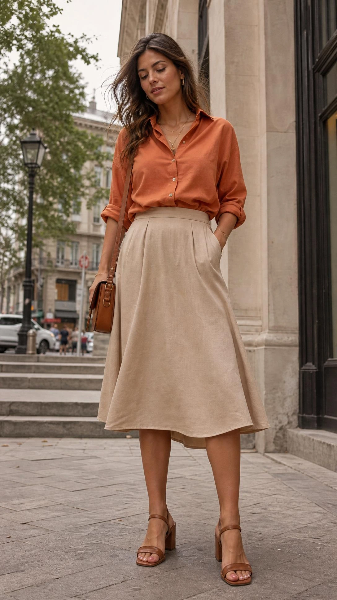 Woman wearing a muted terracotta orange button-down shirt tucked into a midi skirt, styled as a polished orange button down shirt outfit on an urban sidewalk