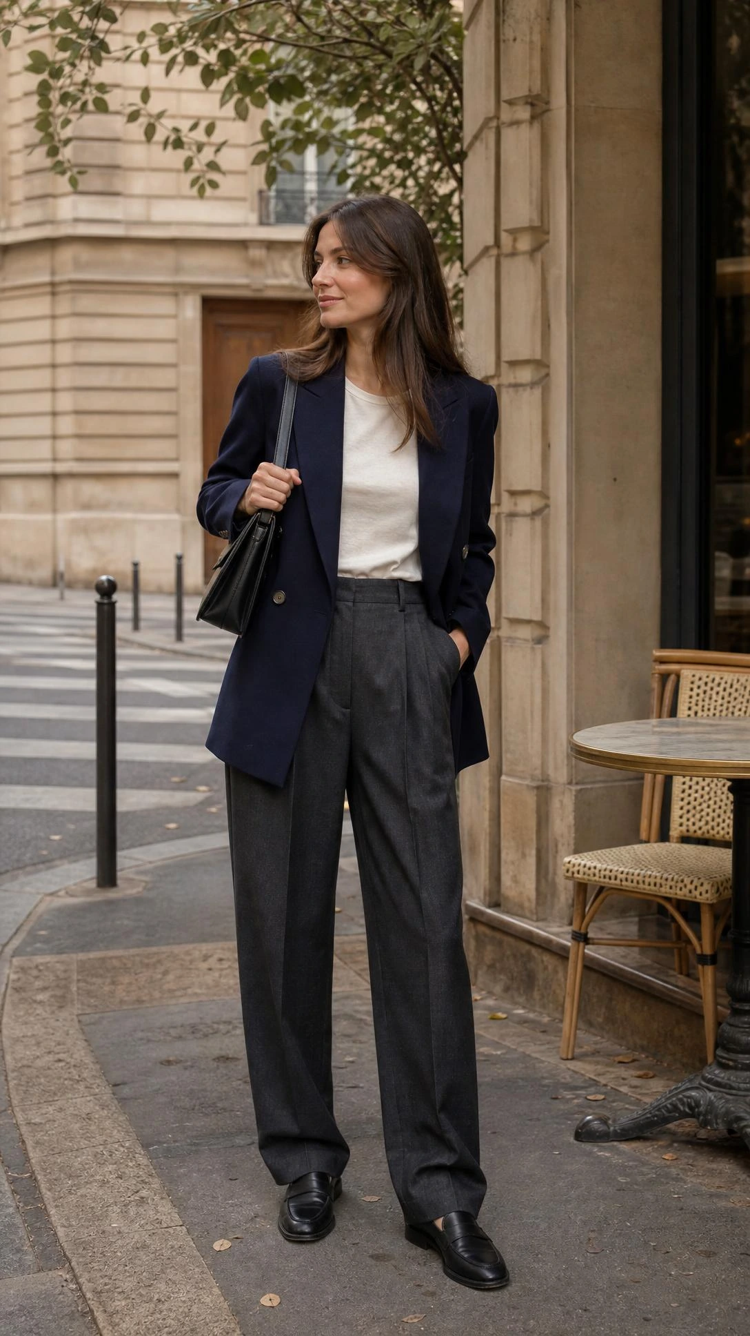Woman in a navy blazer and pleated charcoal trousers standing on a sunny street in a polished parisian office outfit.